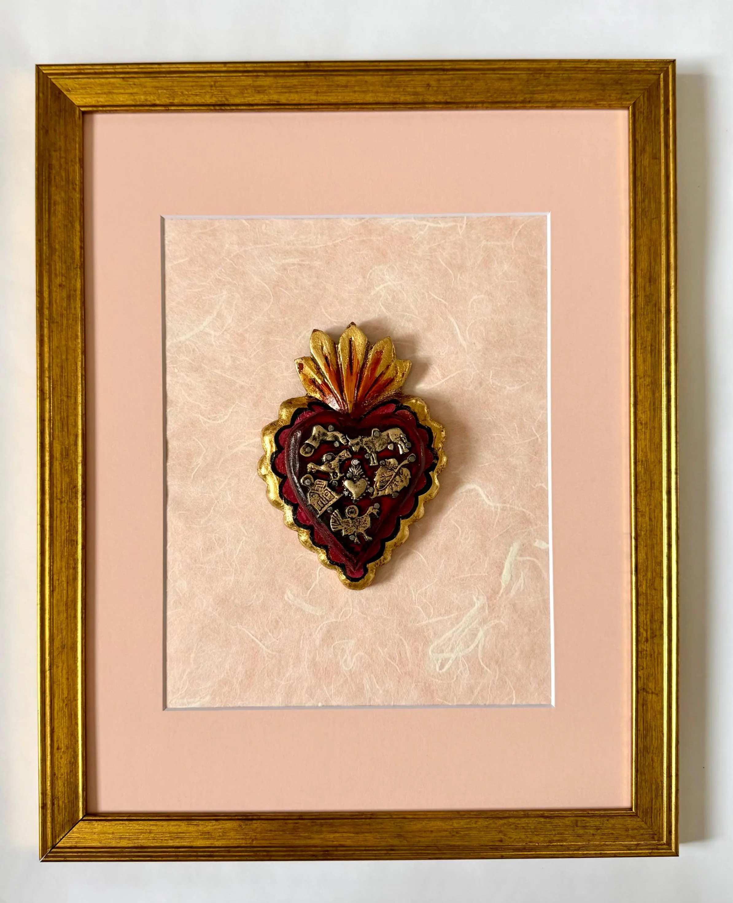 Tin Folk Art, One Of A Kind, Framed Vintage Pink