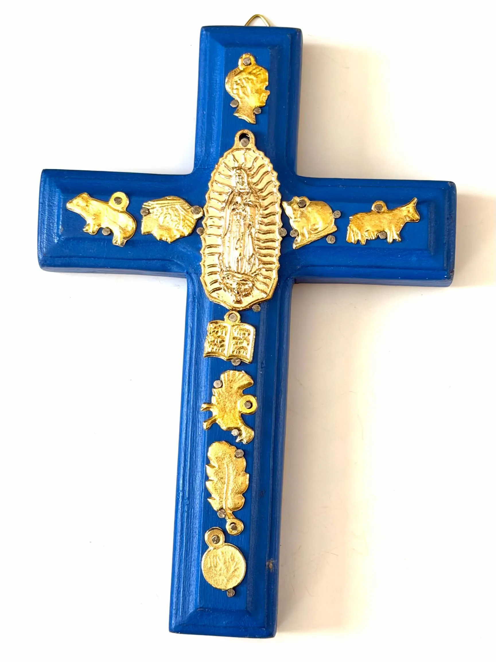 Hand Carved Guadalupe Milagritos Cross, Mexican Home Decor, Ex-Voto Style (8" Tall)