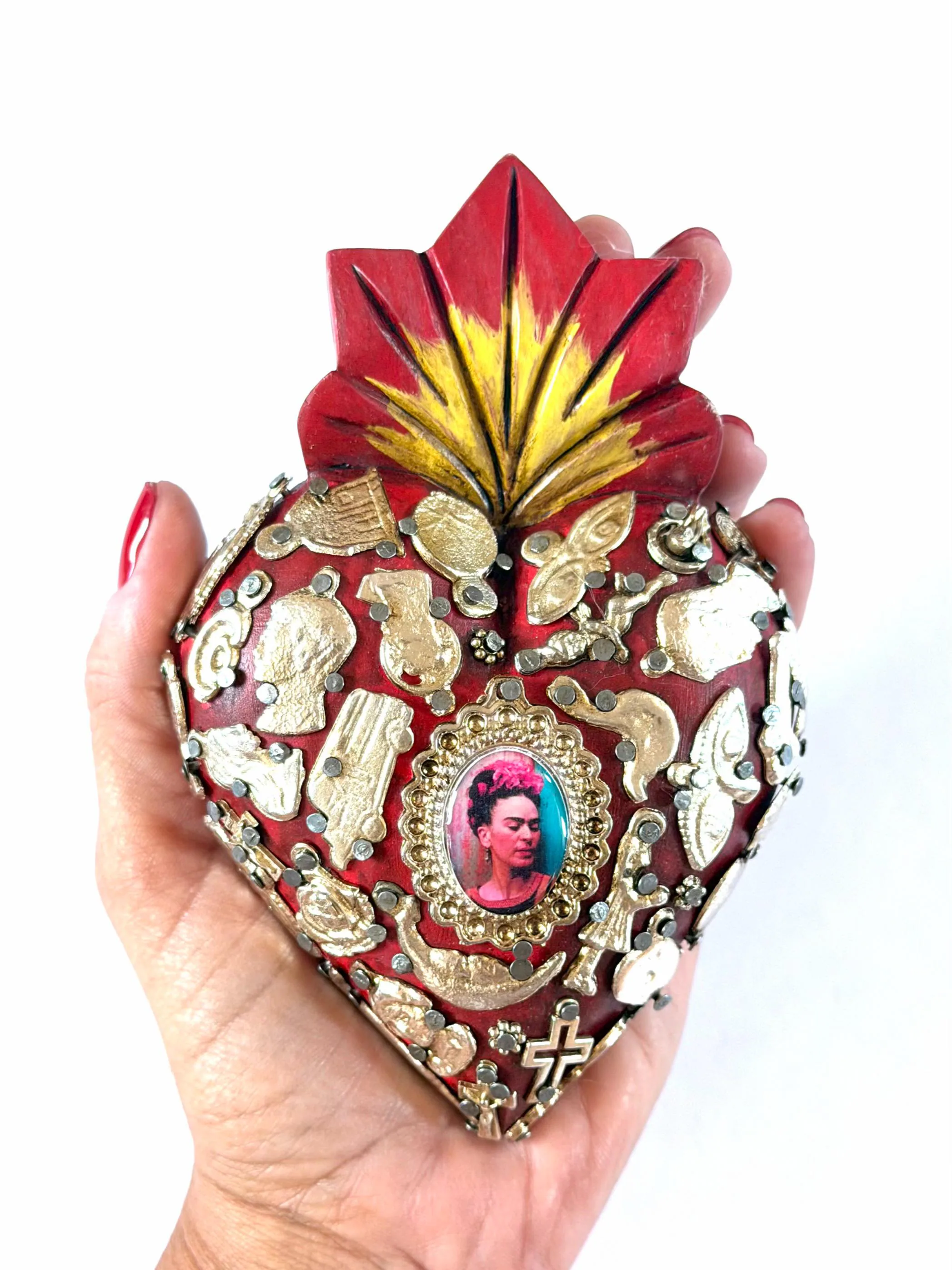 Mexican Folk Art, Rustic Handmade Decor, Frida Kahlo Wood Sacred Heart Silver Milagritos, Medium 5.5”(tall)