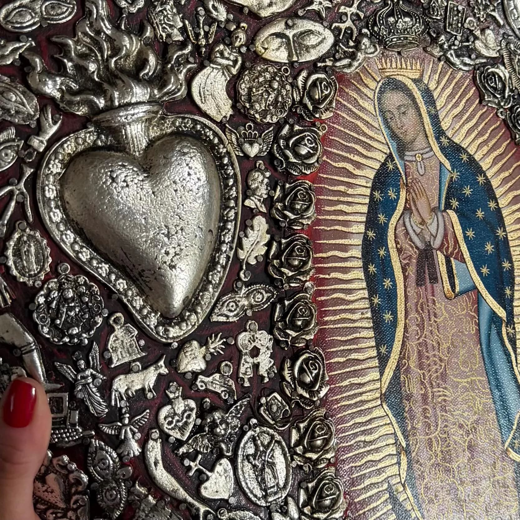 Our Lady Art, Home Altar Piece, MAXI Oleo Guadalupe Milagritos Red 19"x 19"