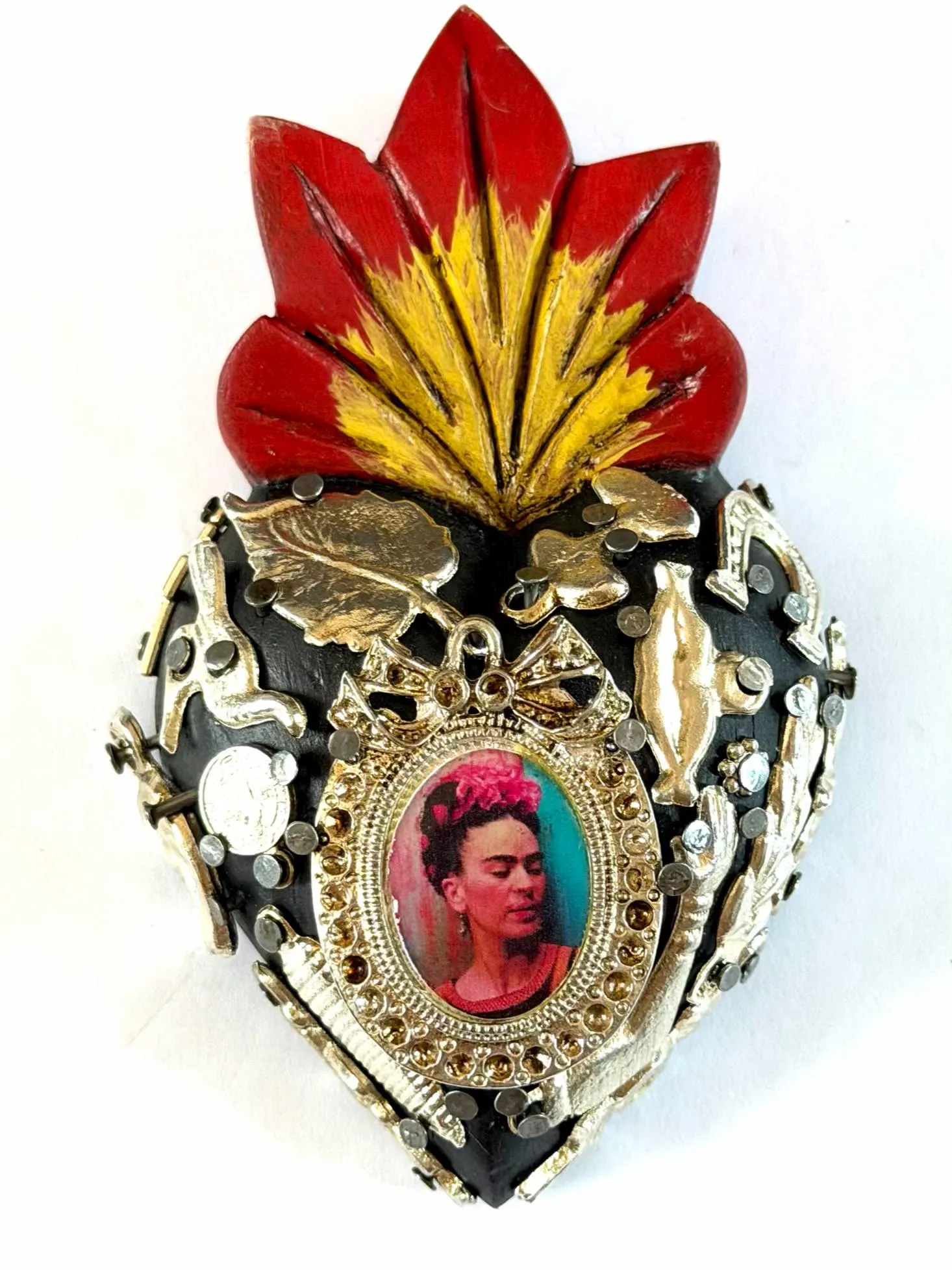 Small Frida Kahlo Wood Sacred Heart Silver Milagritos, Mexican Folk Art, Rustic Handmade Decor