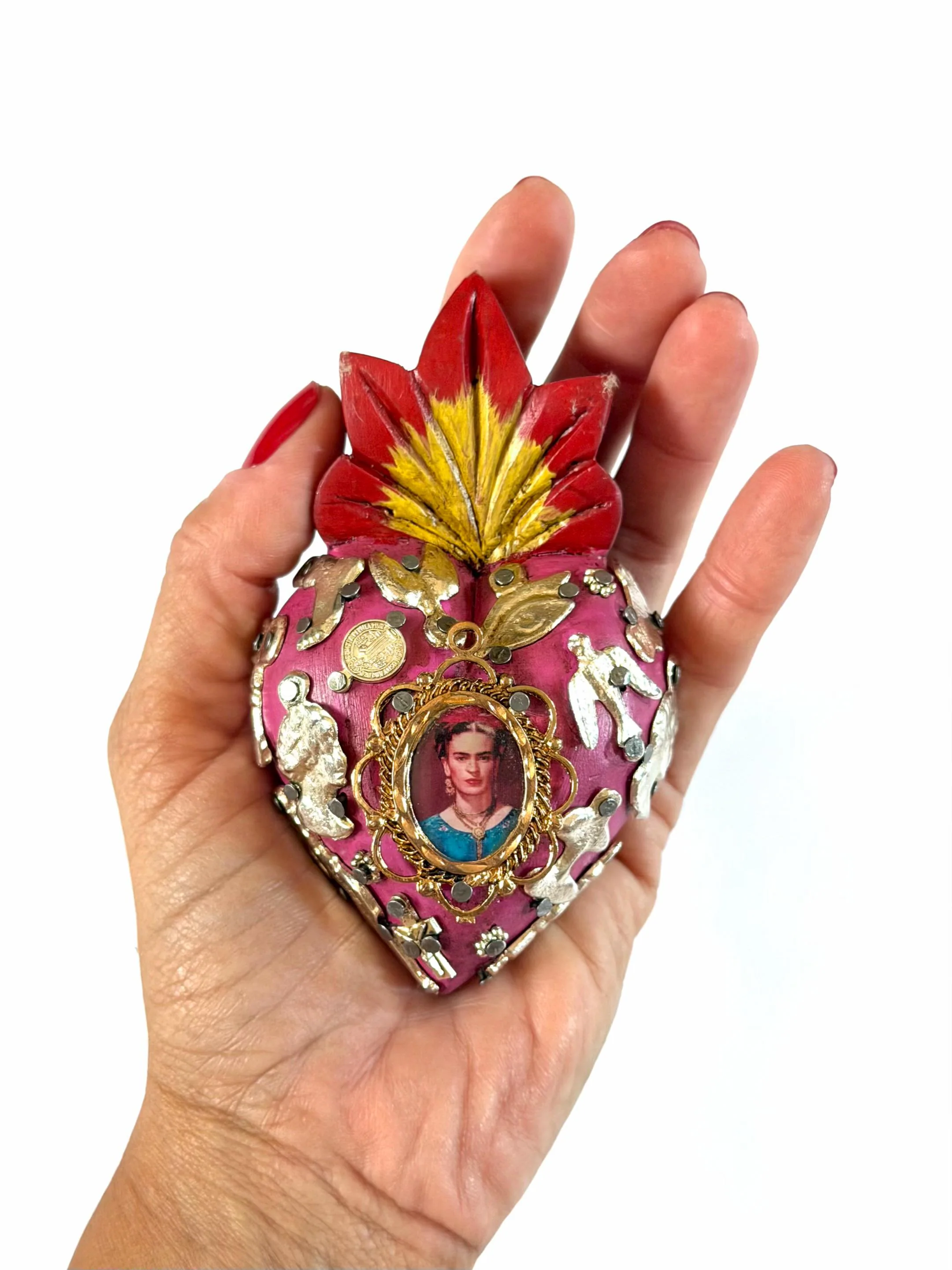 Small Frida Kahlo Wood Sacred Heart Silver Milagritos, Mexican Folk Art, Rustic Handmade Decor