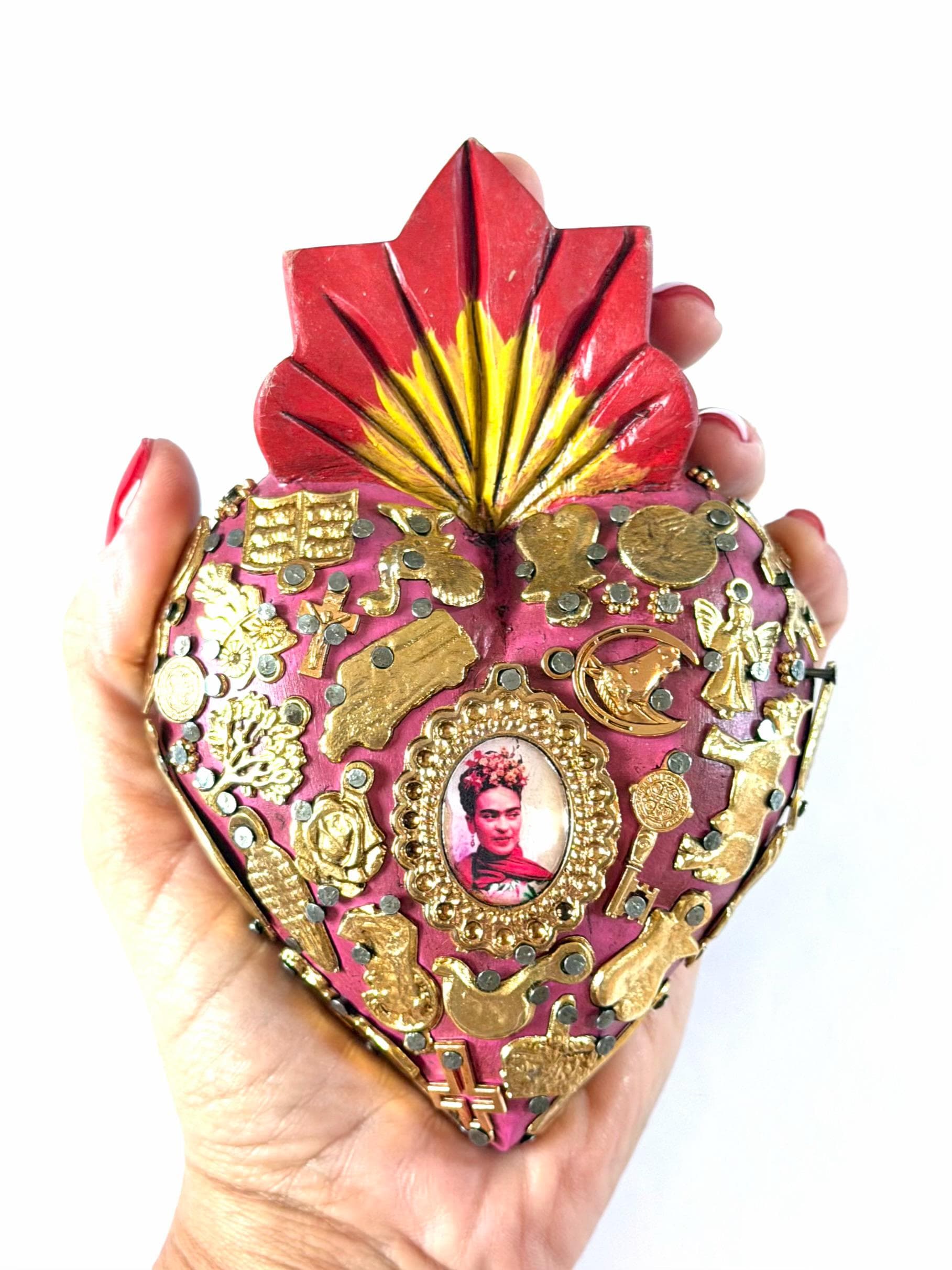 Mexican Folk Art, Rustic Handmade Decor, Frida Kahlo Wood Sacred Heart Gold Milagritos, Medium 5.5”(tall)