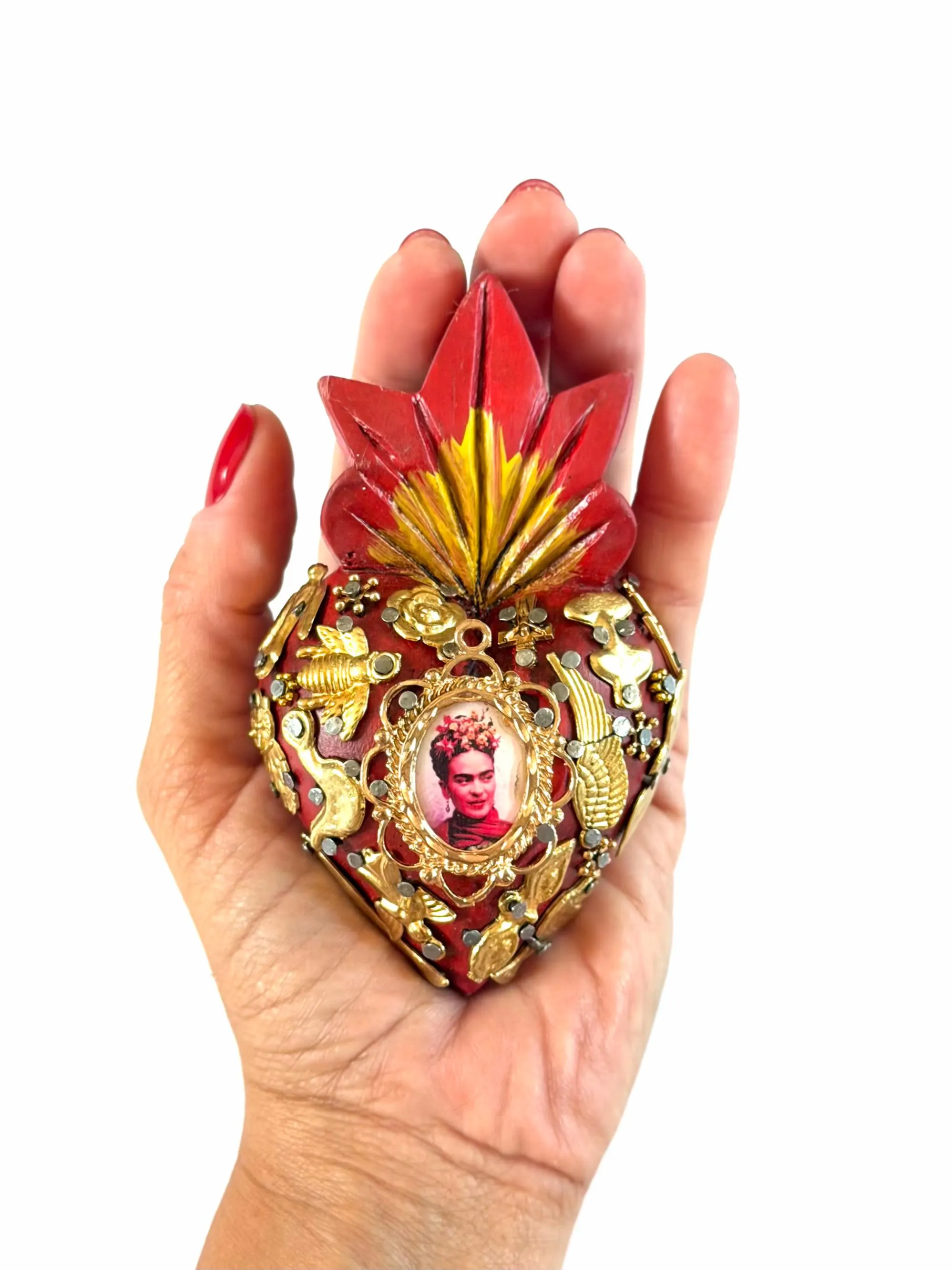 Small Frida Kahlo Wood Sacred Heart Gold Milagritos, Mexican Folk Art, Rustic Handmade Decor