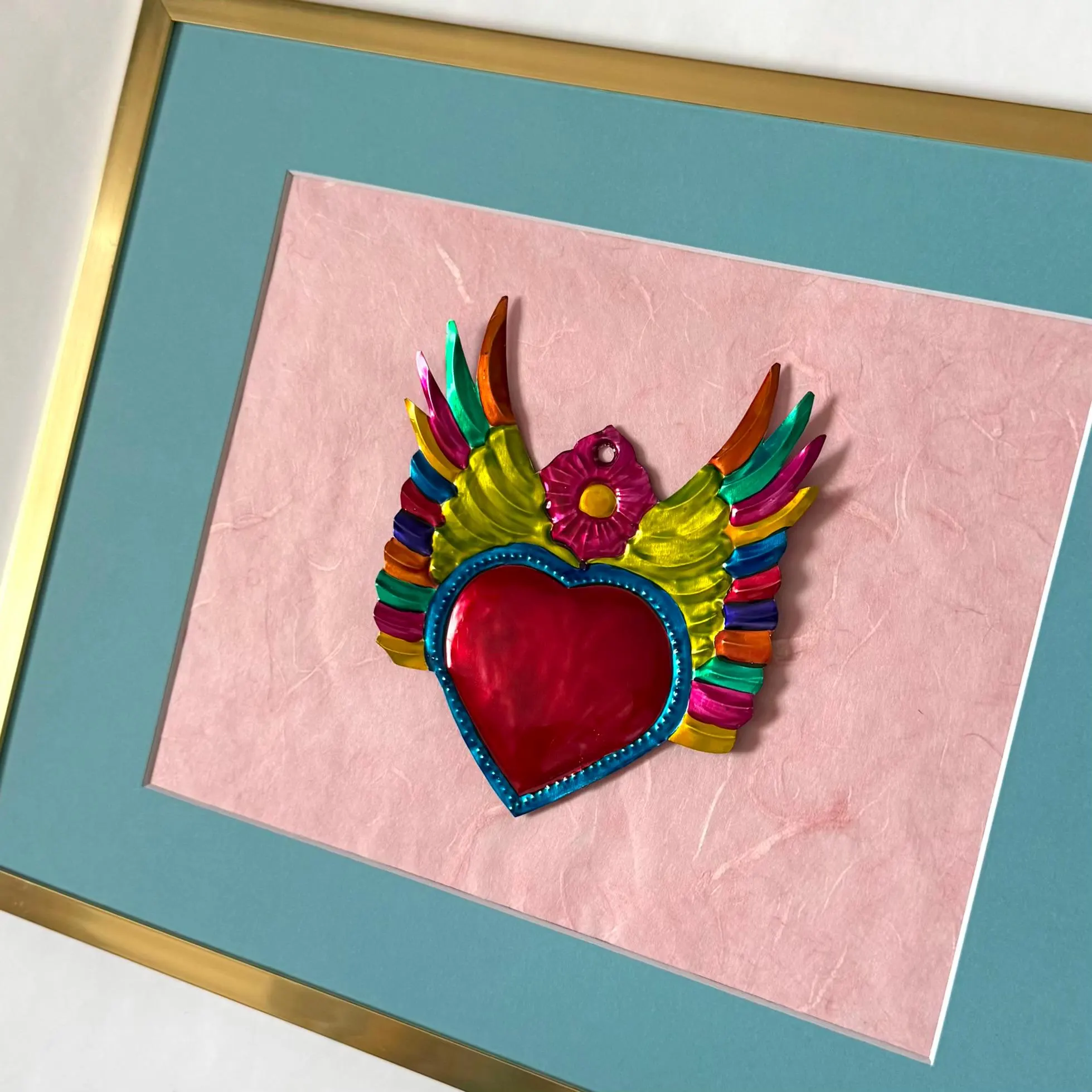Hand-Cut Tin Heart, One Of A Kind, Framed Alas Arriba 14.5"x 11.5"