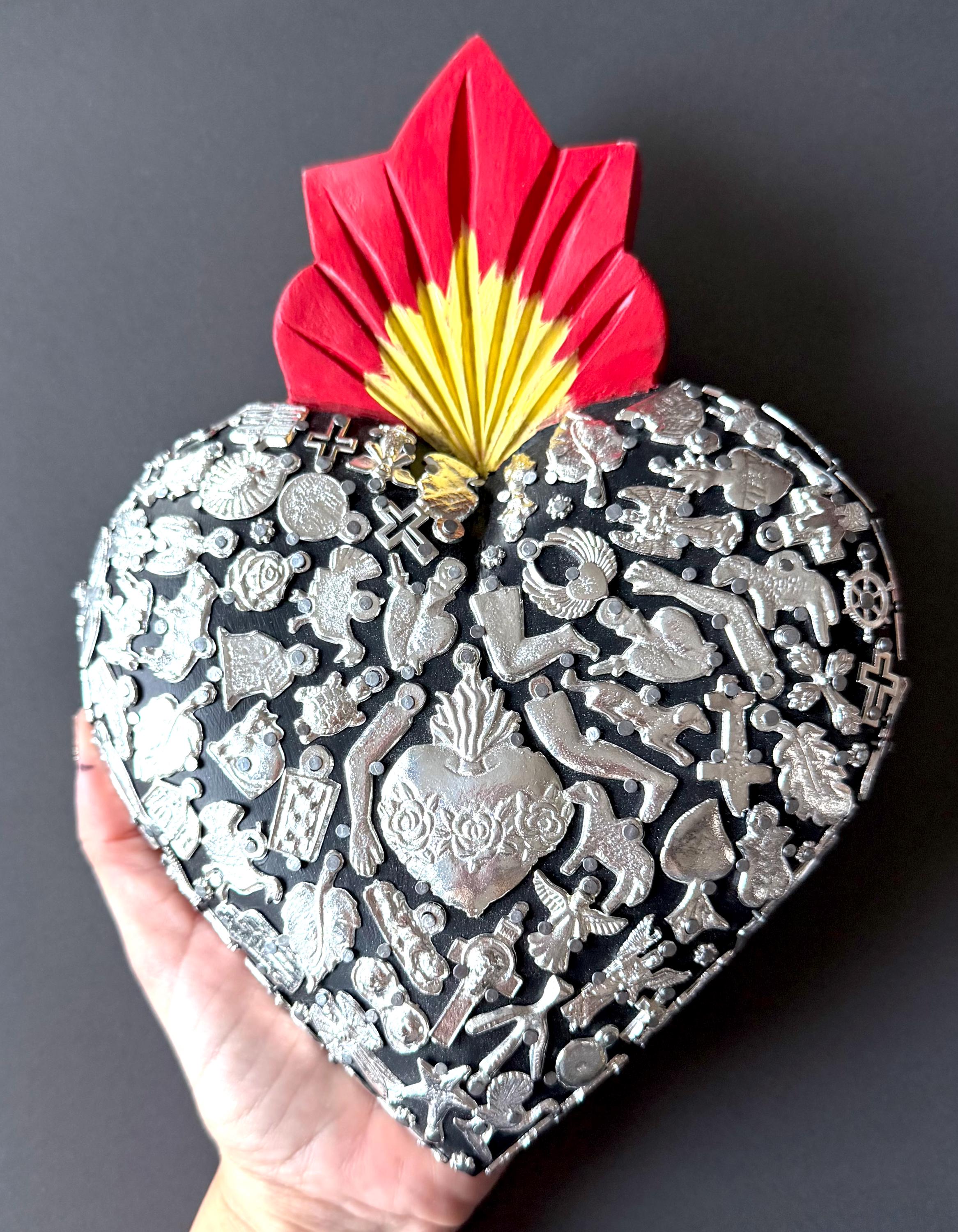 Hand-Cut Tin Heart, Gift For Abuela, XXL Black Silver Milagritos 8.5"x 9.5"