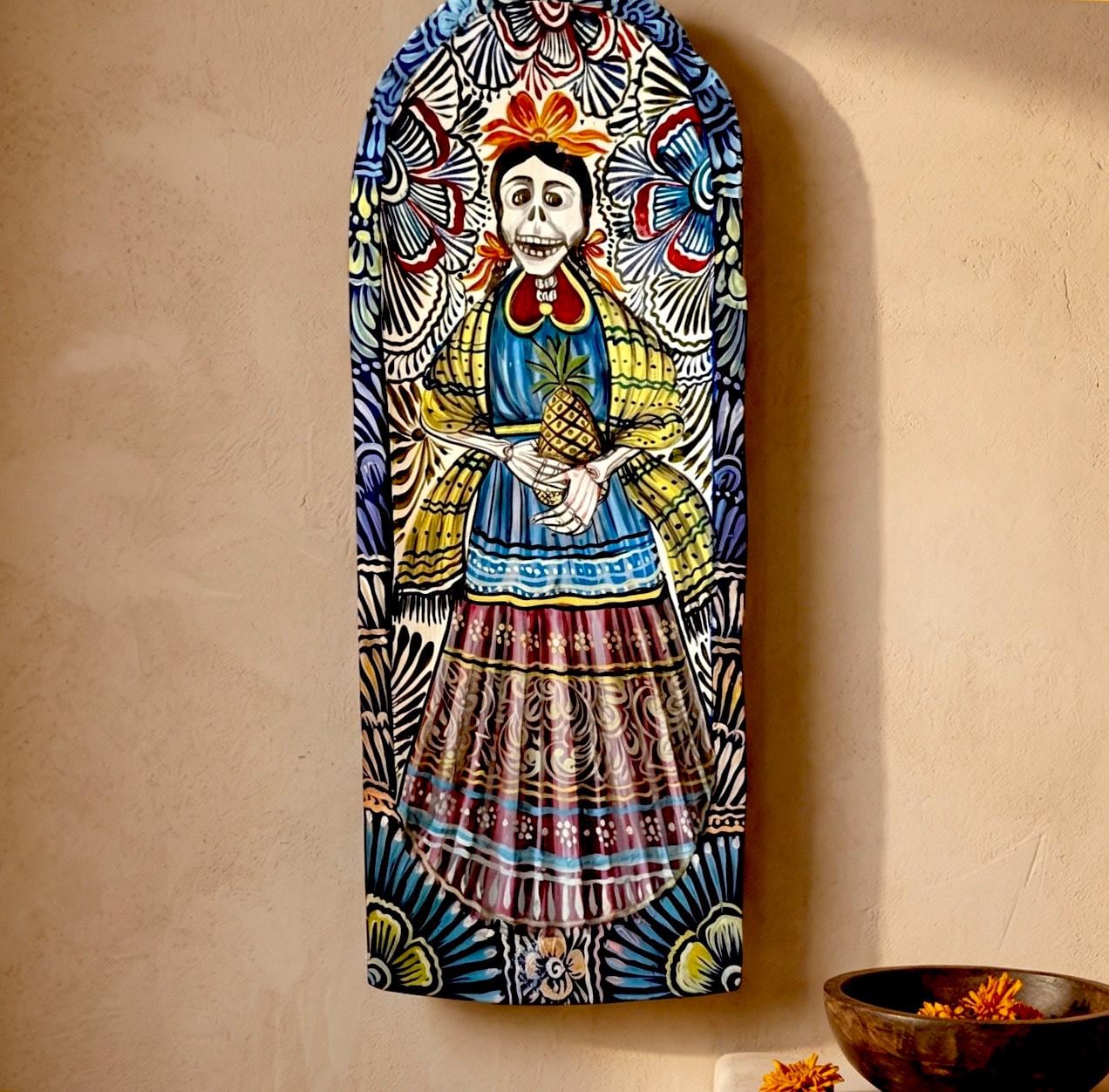 Calavera Folk Art, Colorful Altar Decor, XL Batea Dia de Los Muertos 24"(tall)