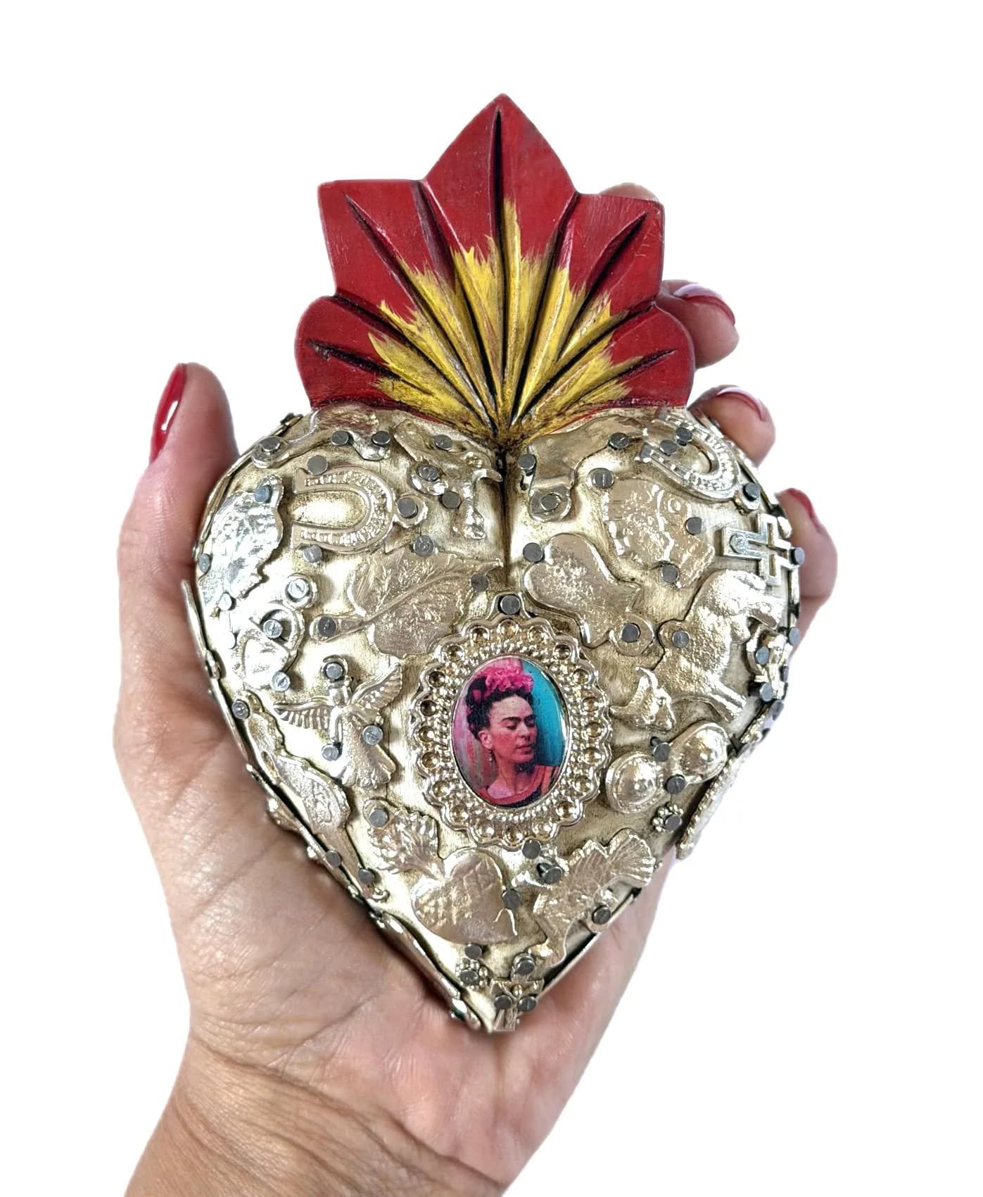 Mexican Folk Art, Rustic Handmade Decor, Frida Kahlo Wood Sacred Heart Silver Milagritos, Medium 5.5”(tall)