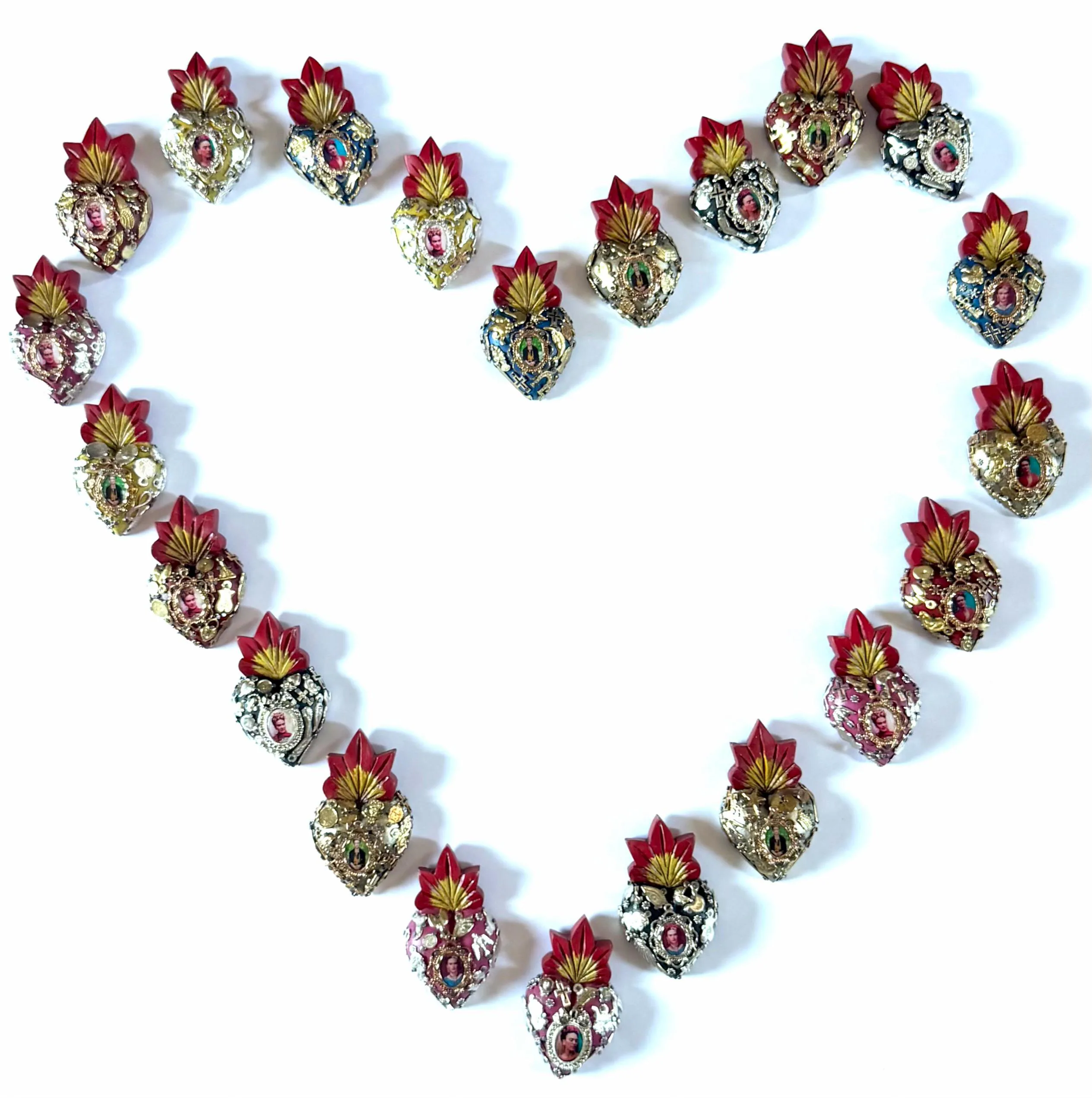 Small Frida Kahlo Wood Sacred Heart Silver Milagritos, Mexican Folk Art, Rustic Handmade Decor