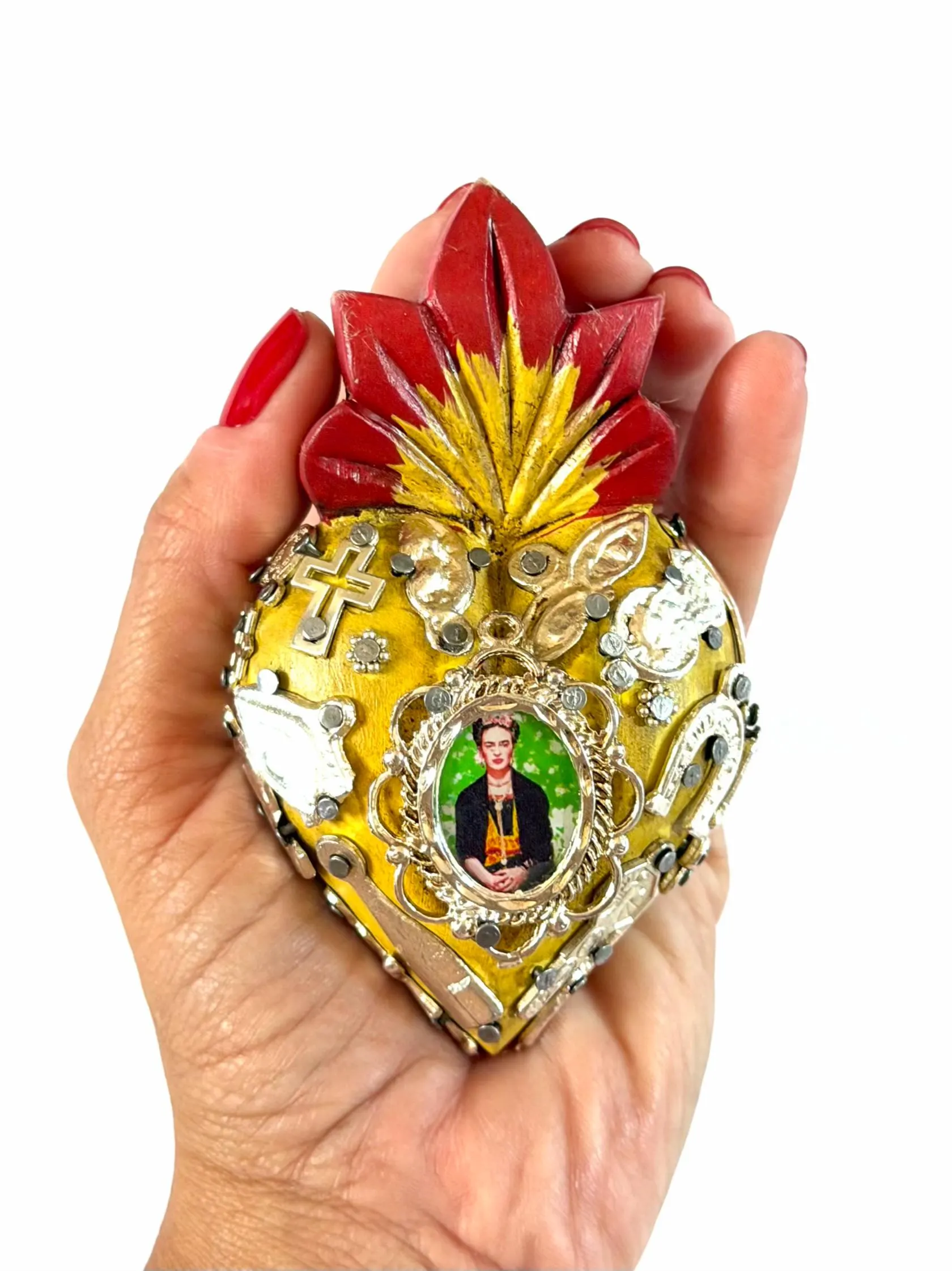 Small Frida Kahlo Wood Sacred Heart Silver Milagritos, Mexican Folk Art, Rustic Handmade Decor