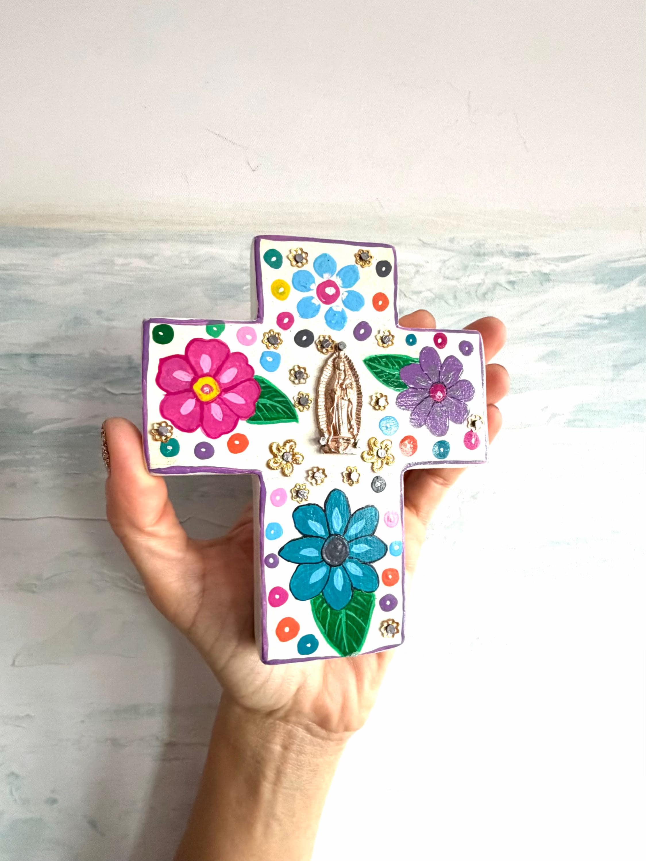 Virgin Mary Art, Catholic Gift, Guadalupe Flores 4.5"x 5"x .75"