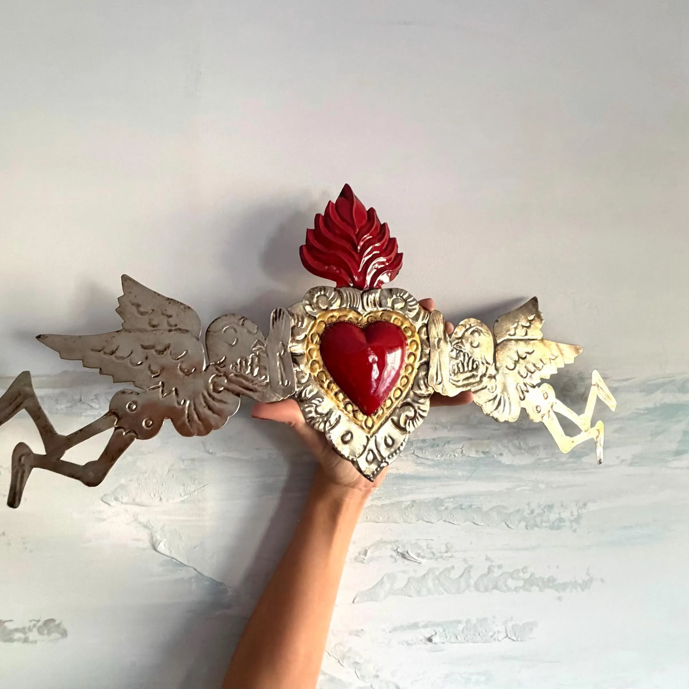 XL D.Muertos 20”(long), Handcrafted Sacred Heart Wall Art, Mexican Home Decor, Ex-Voto Milagro Style