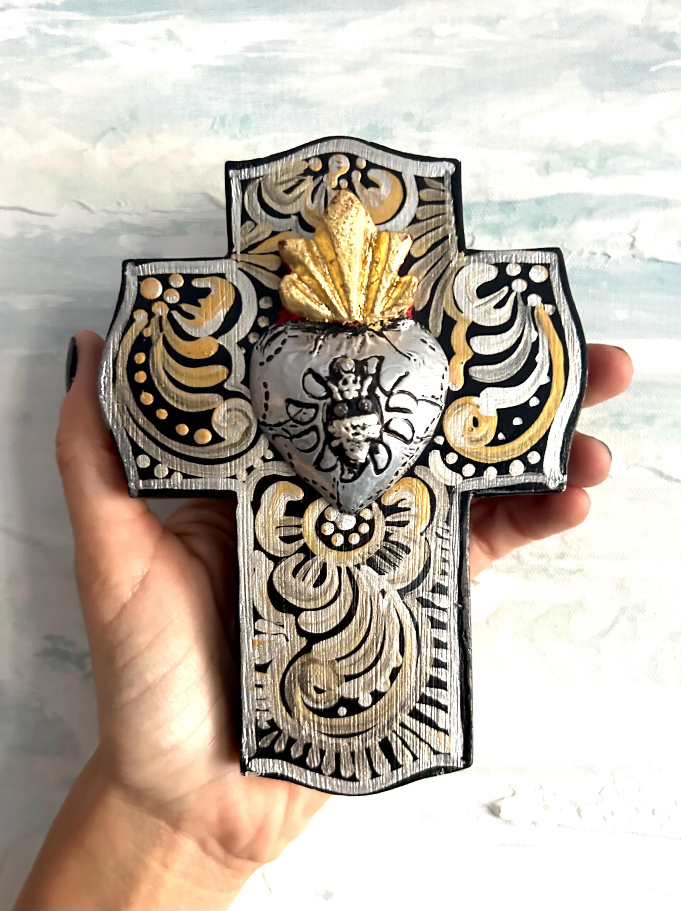 Handmade Mexican Folk Art Sacred Heart Cross, 7" Wall Decor (5"x7"x1.5")