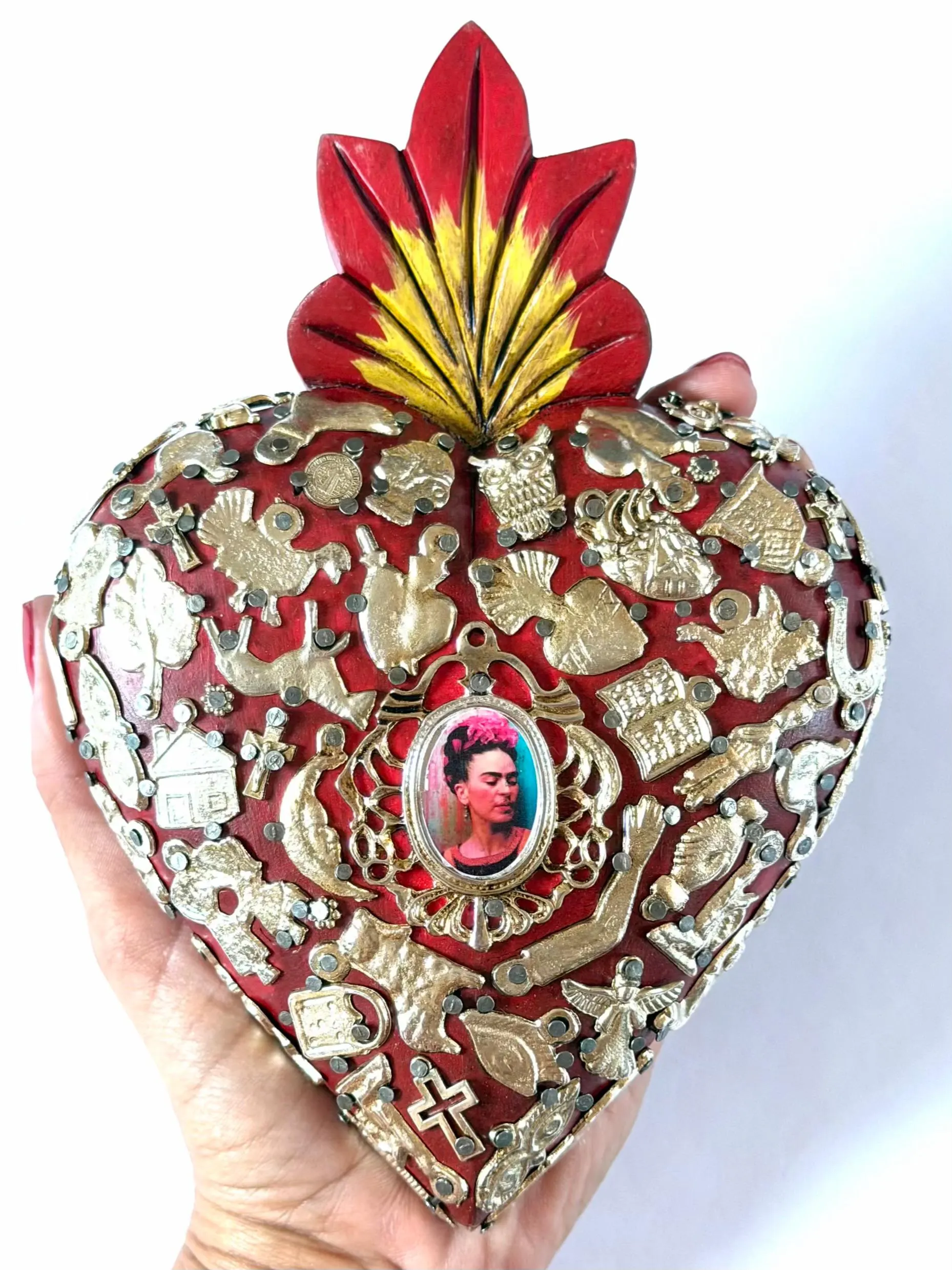 XL Frida Kahlo Milagritos Silver 5.5”x 7.5”, Handmade Wood Wall Decor, Mexican Milagro Charm