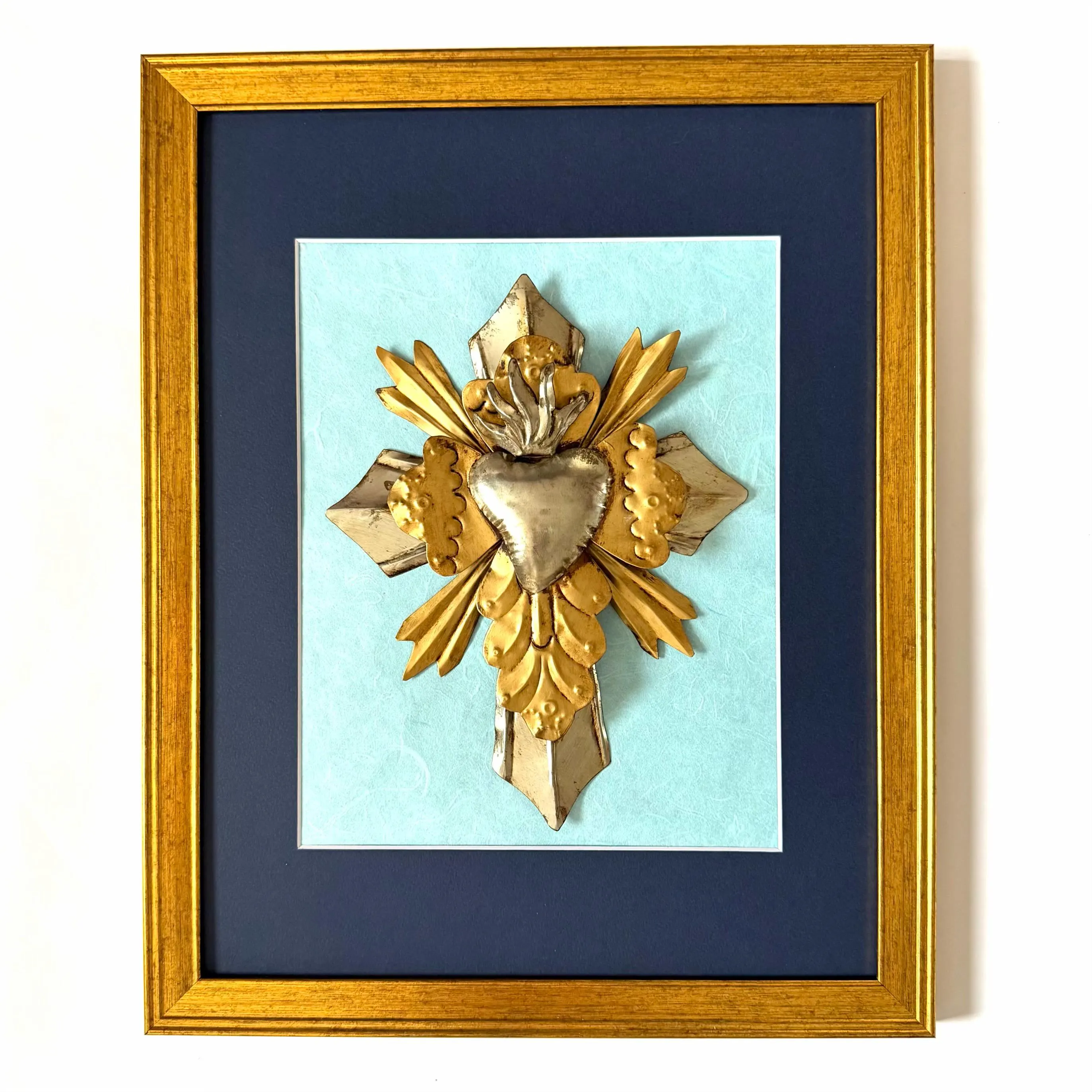 Wood Cross Art, Catholic Home Gift, Framed Silver Cross 12.25"x 15.25"