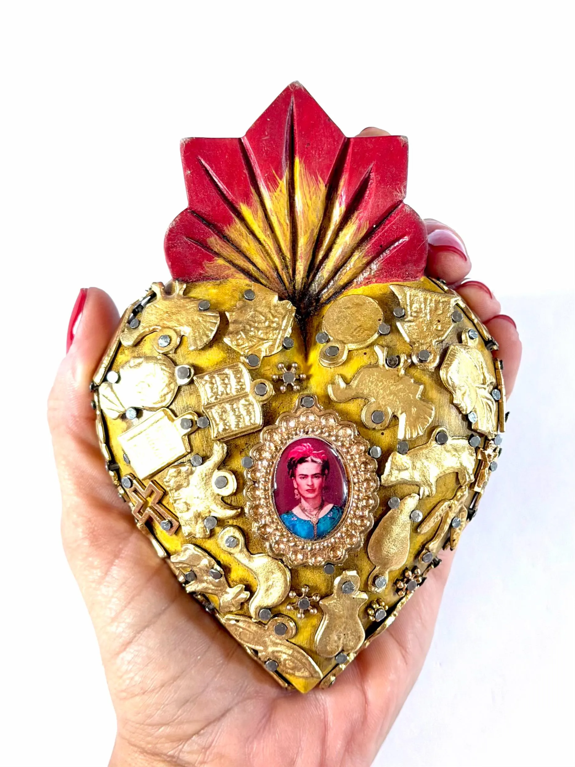Mexican Folk Art, Rustic Handmade Decor, Frida Kahlo Wood Sacred Heart Gold Milagritos, Medium 5.5”(tall)