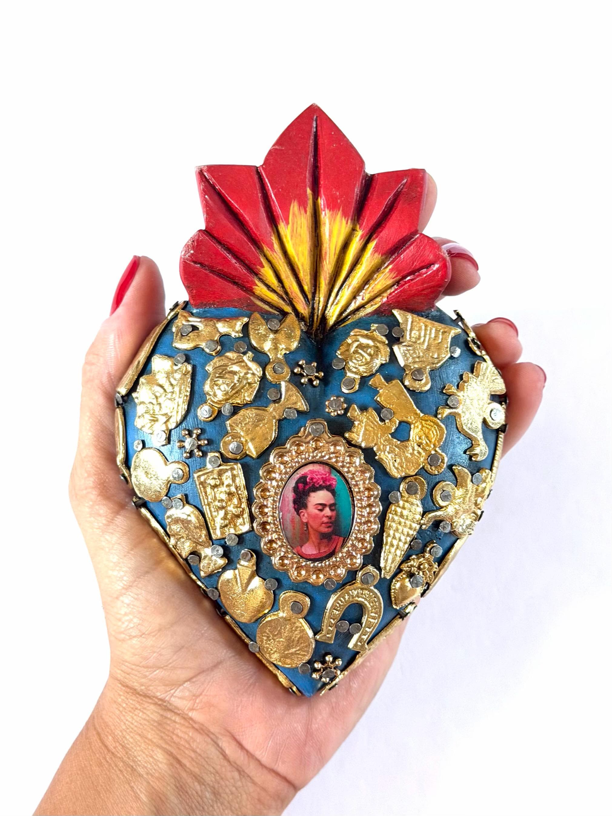 Mexican Folk Art, Rustic Handmade Decor, Frida Kahlo Wood Sacred Heart Gold Milagritos, Medium 5.5”(tall)