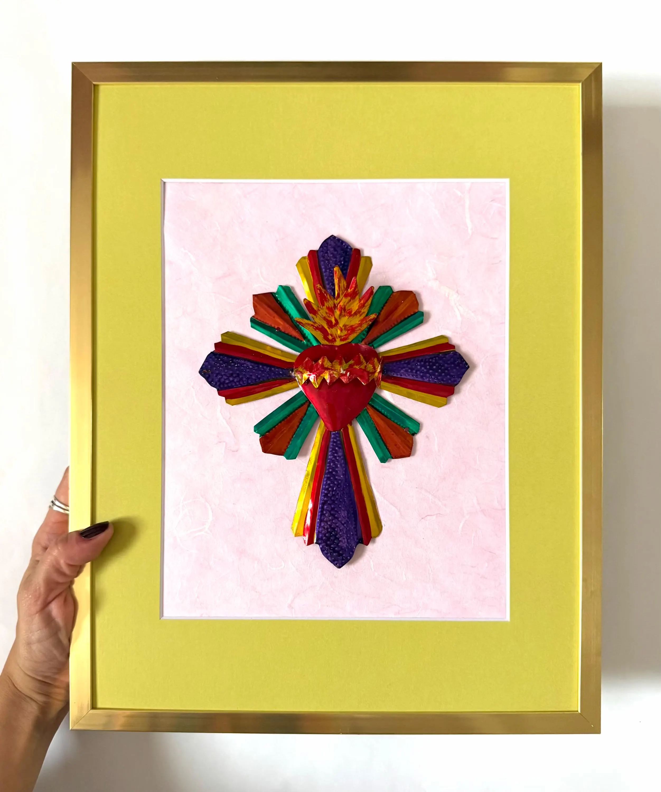 Milagro Cross Art, Baptism Gift, Framed Tin Cross 11.5"x 14.5"