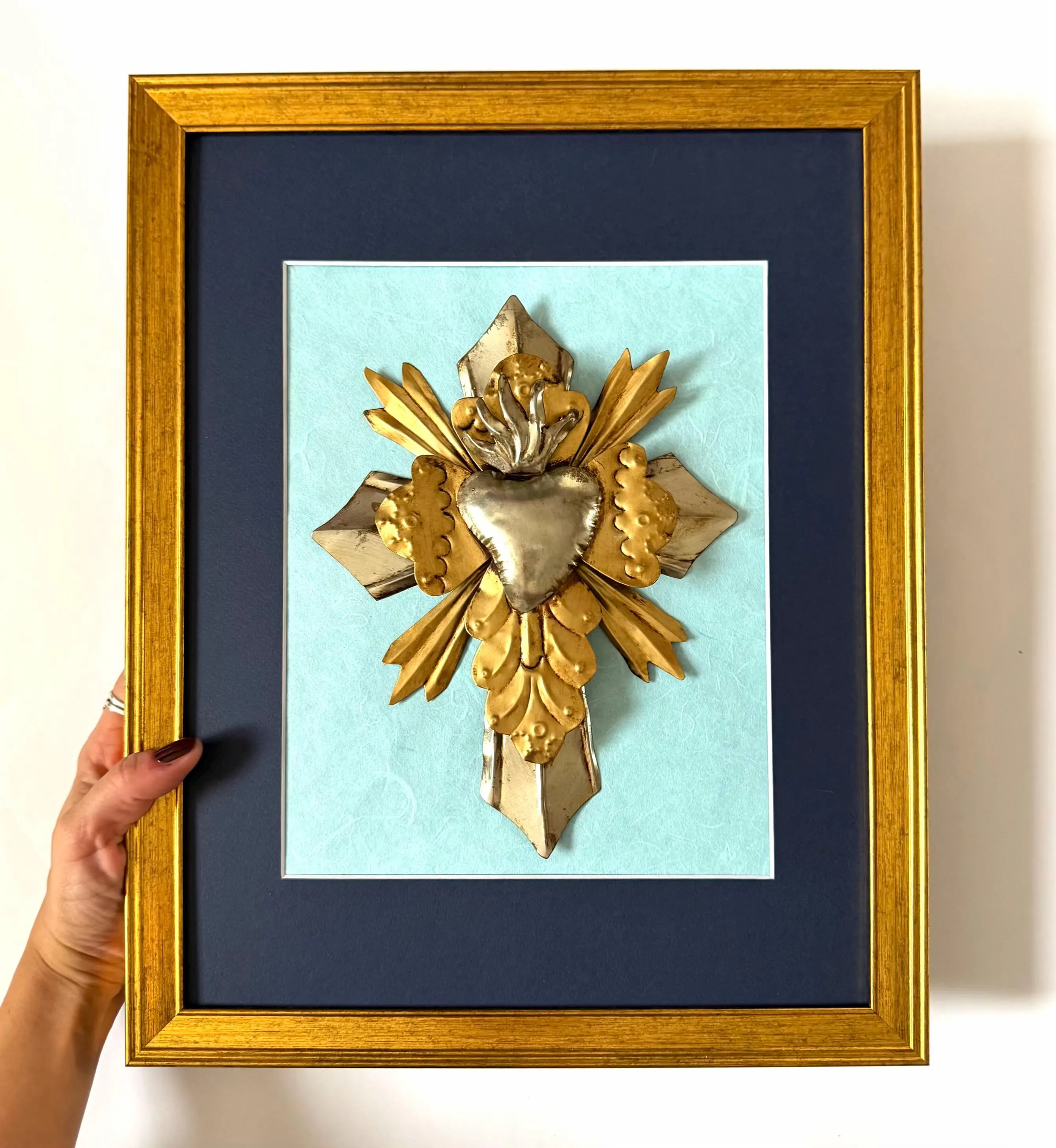 Wood Cross Art, Catholic Home Gift, Framed Silver Cross 12.25"x 15.25"