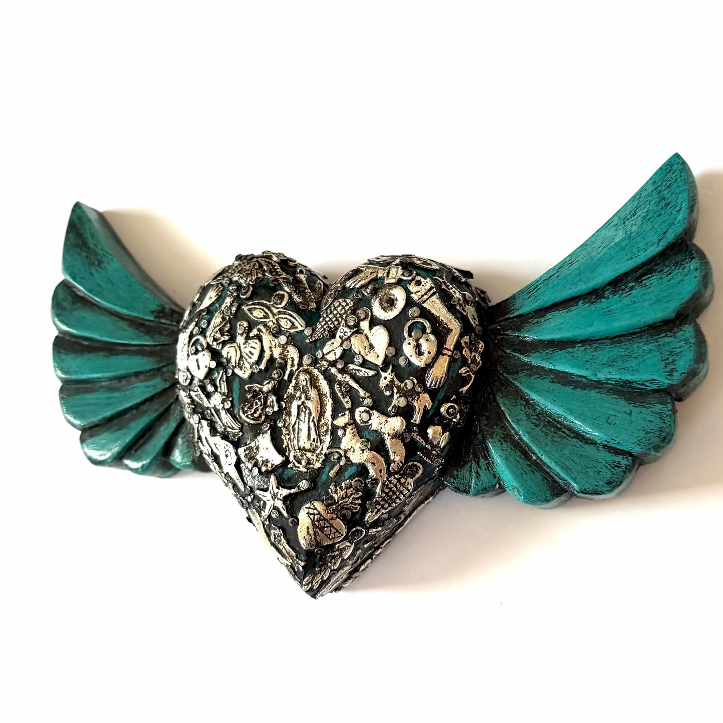 Guadalupe Retablo Art, Housewarming Gift, Large Abanico Guadalupe Vintage Heart Aqua