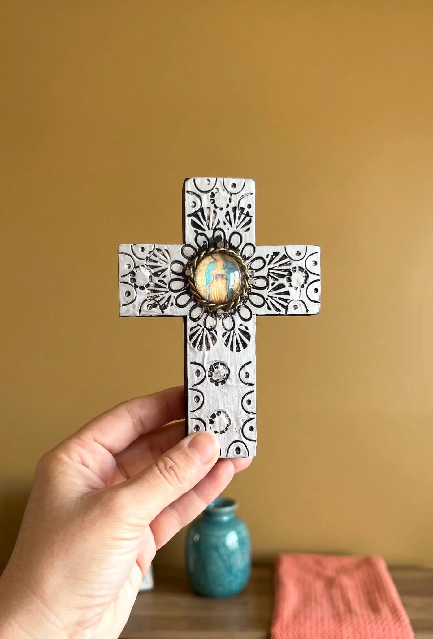 Hand-Cut Cross, Baptism Gift, Handmade Wood Sacred Heart Cross - Guadalupe Folk Art Milagro