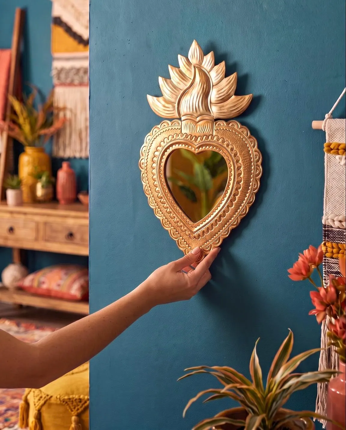 Handmade Mexican Tin Sacred Heart Mirror, Milagro Folk Art Wall Hanging