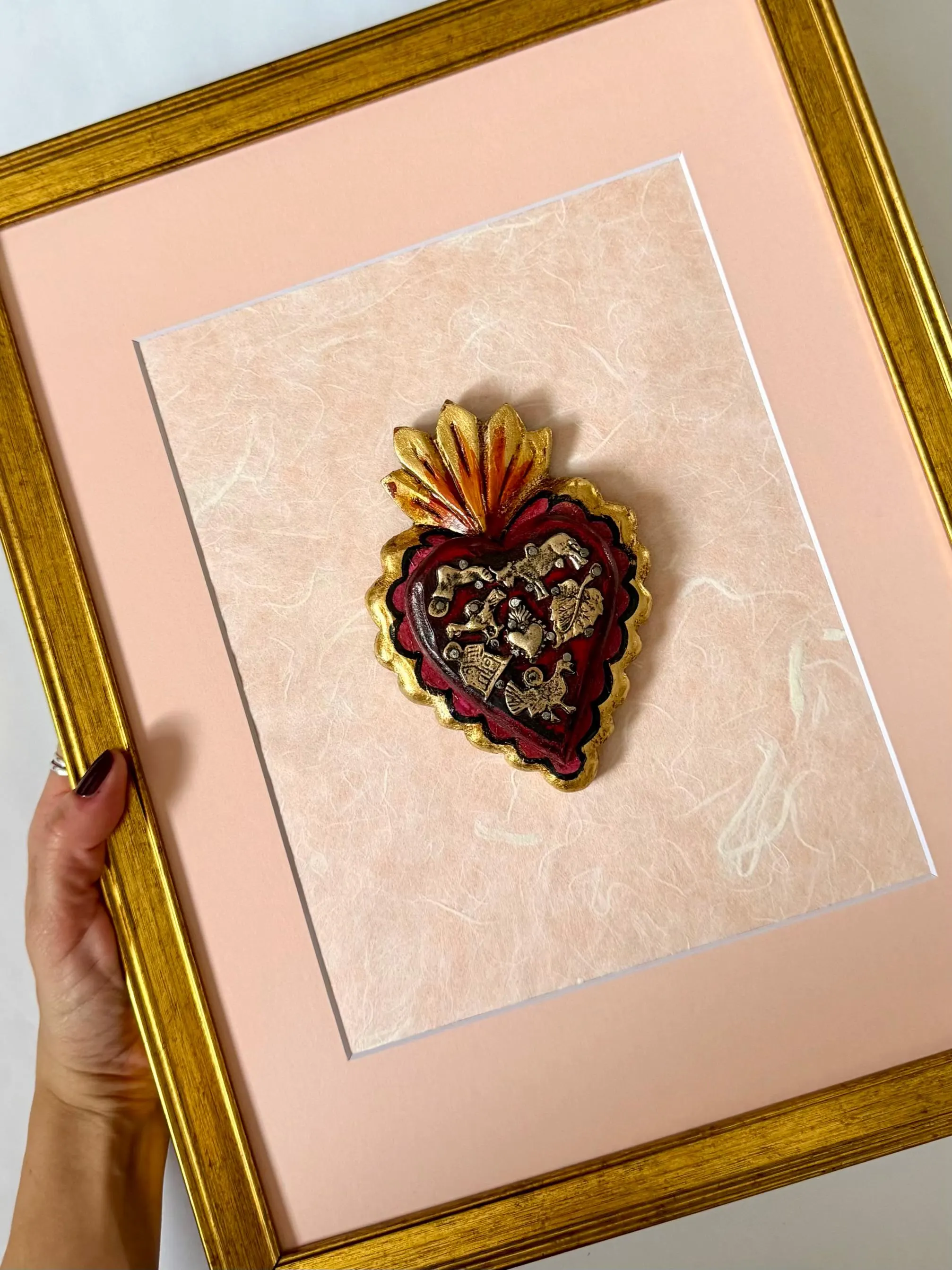 Tin Folk Art, One Of A Kind, Framed Vintage Pink