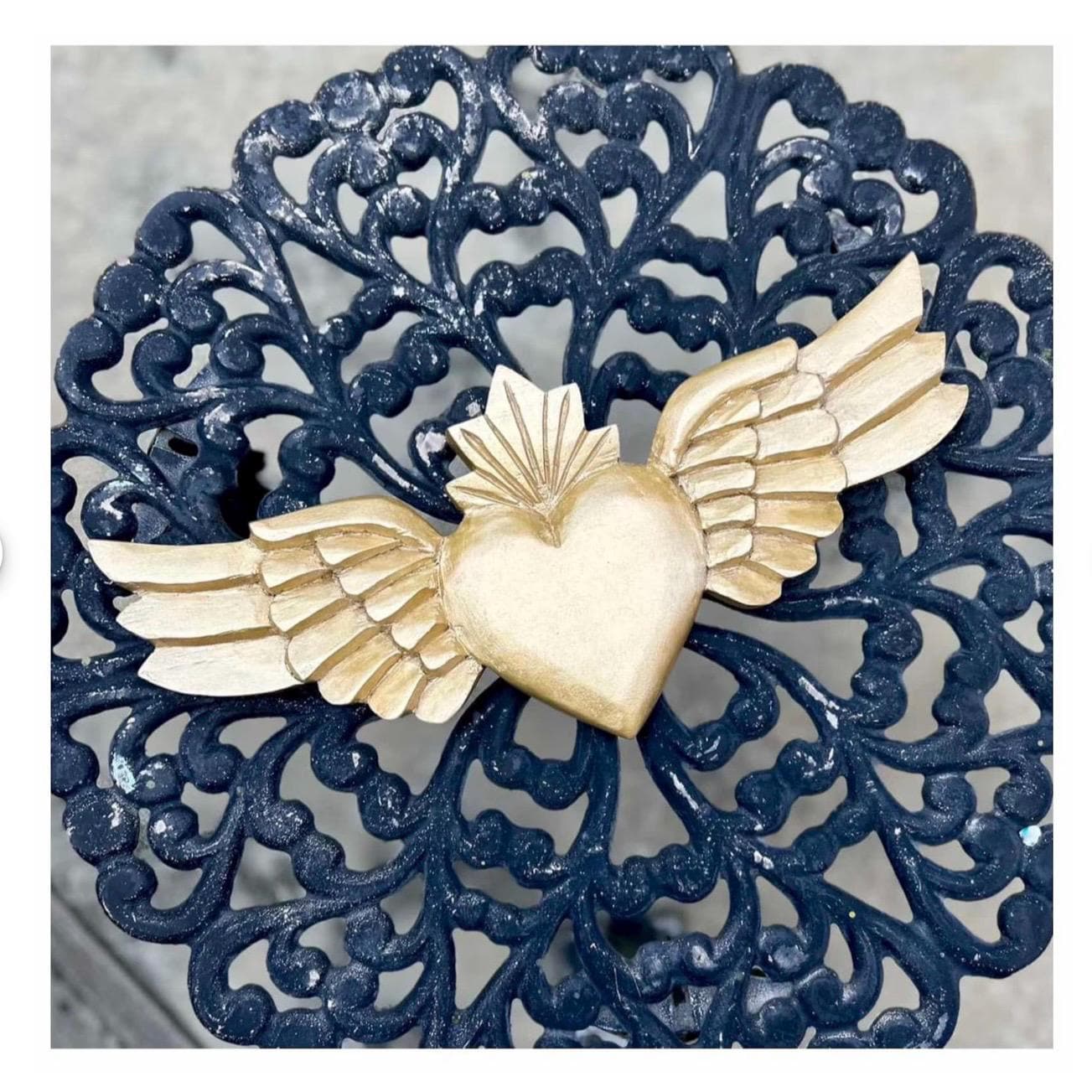 Carved Wood Heart, Rustic Home Accent, Wood Sacred Heart Wings 16"(long)