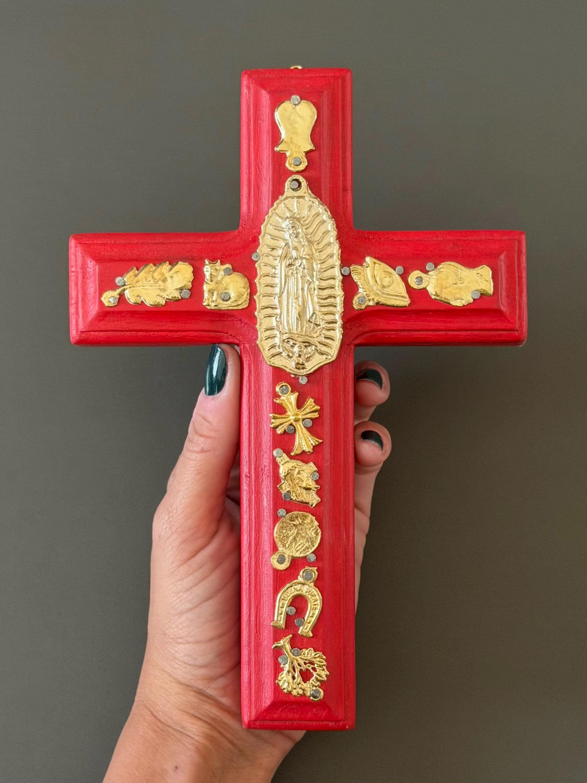 Hand Carved Guadalupe Milagritos Cross, Mexican Home Decor, Ex-Voto Style (8" Tall)