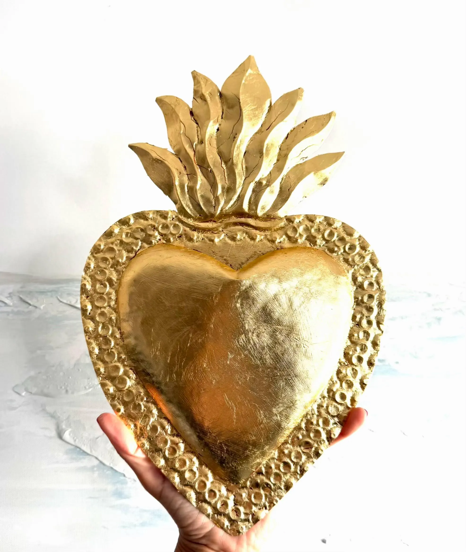 Large Hoja de Oro, Handcrafted Tin Sacred Heart Wall Art, Mexican Home Decor, Ex-Voto Milagro Style