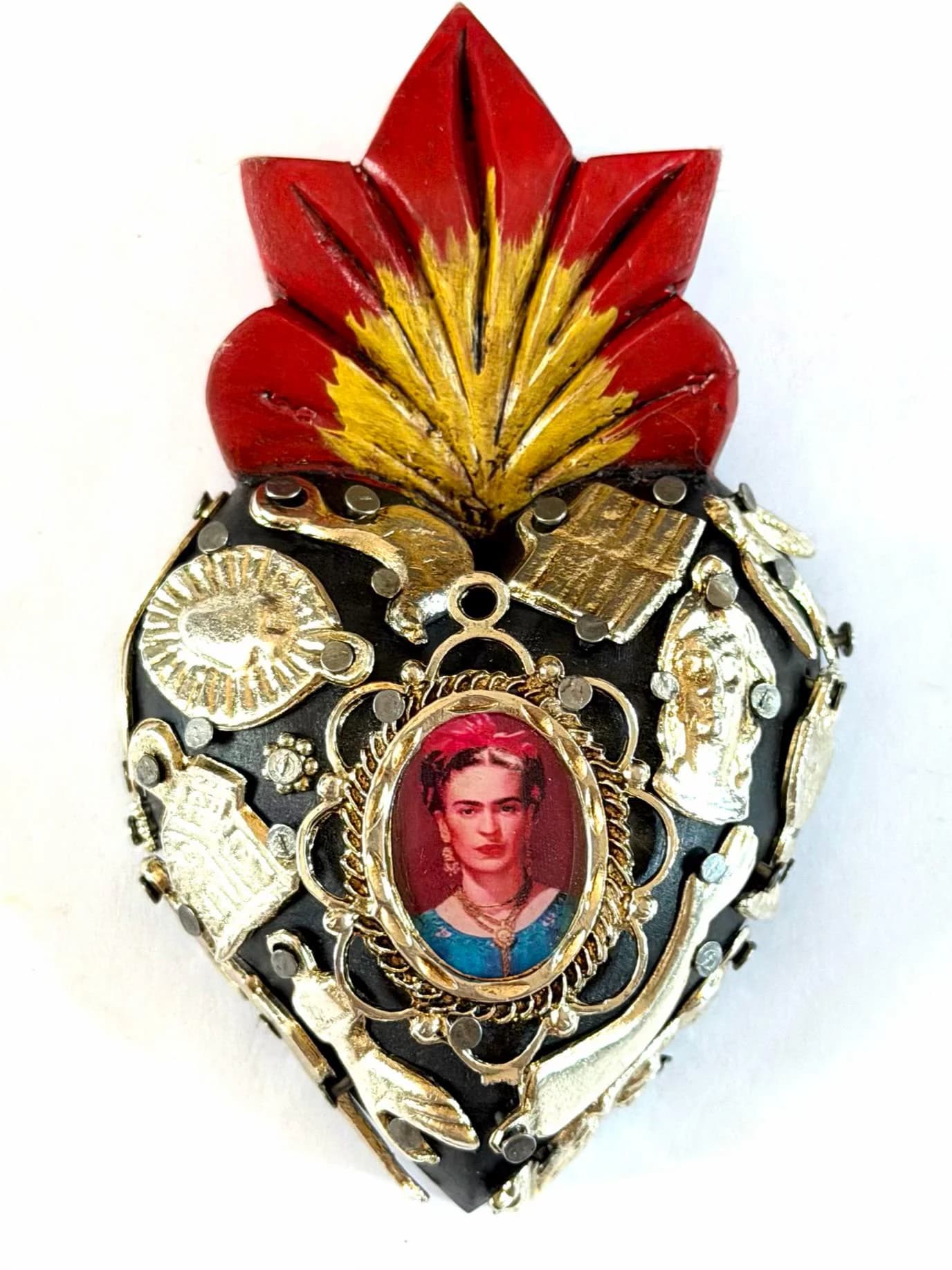 Small Frida Kahlo Wood Sacred Heart Silver Milagritos, Mexican Folk Art, Rustic Handmade Decor