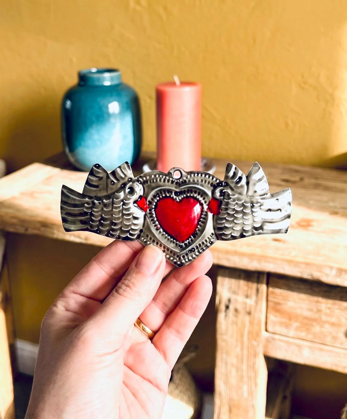 Punched Tin Heart, Colorful Boho Decor, Small Lata 5"(long)