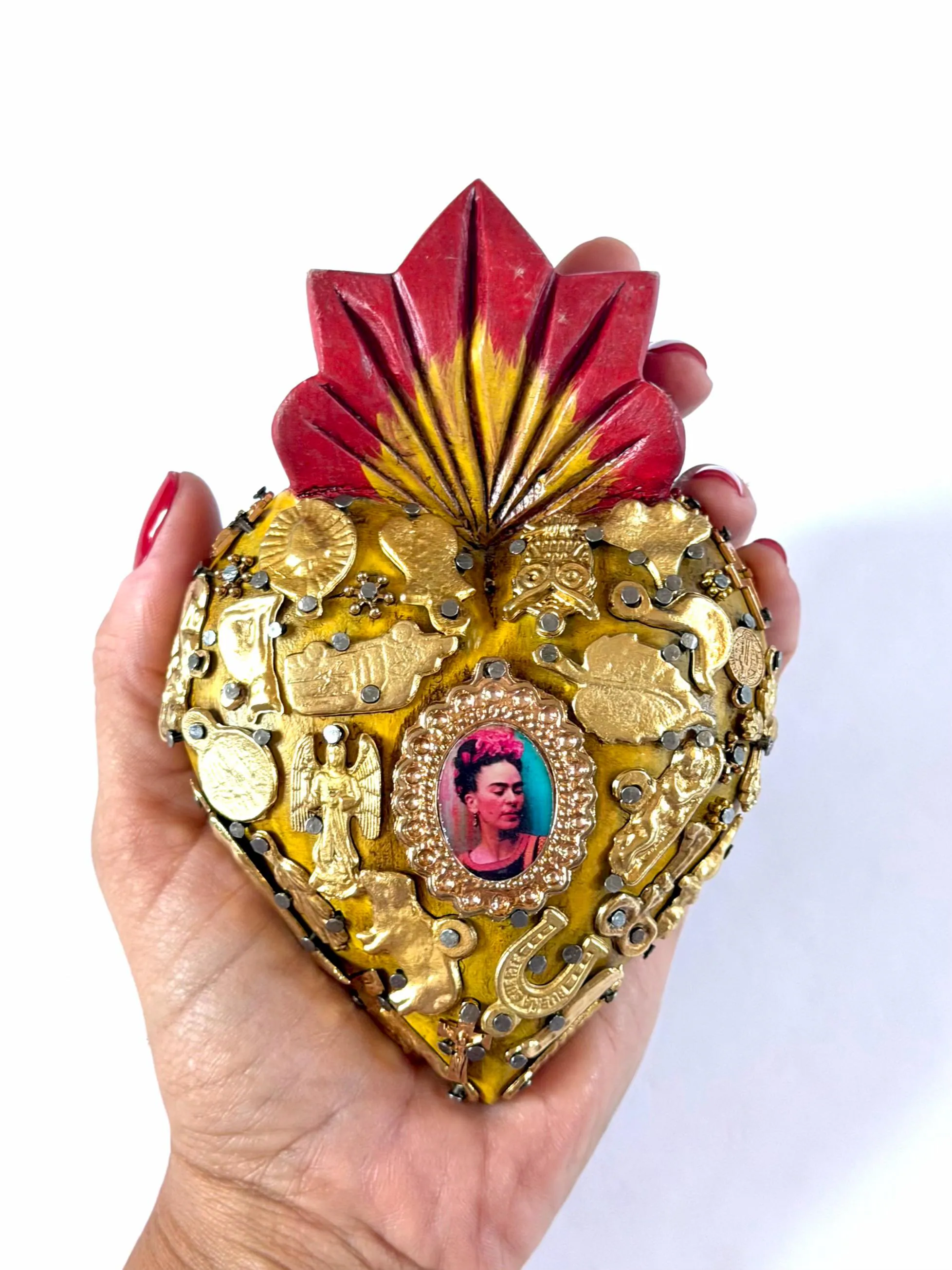 Mexican Folk Art, Rustic Handmade Decor, Frida Kahlo Wood Sacred Heart Gold Milagritos, Medium 5.5”(tall)