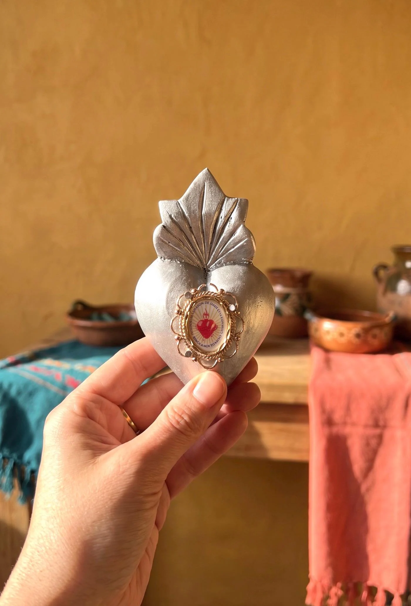Tin Ex-Voto Charm, Unique Gift Idea, Corazon Sagrado De Jesus Silver