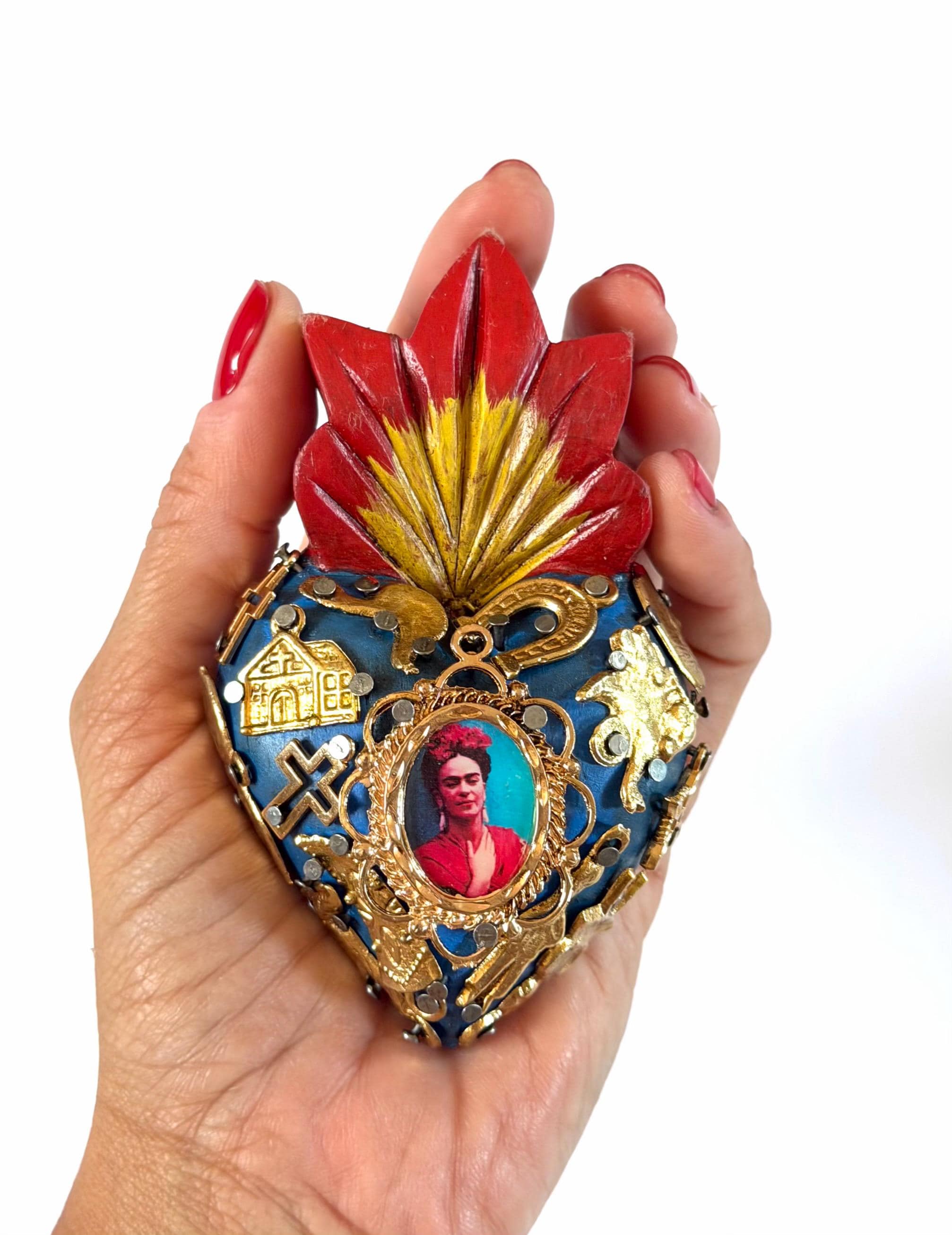 Small Frida Kahlo Wood Sacred Heart Gold Milagritos, Mexican Folk Art, Rustic Handmade Decor