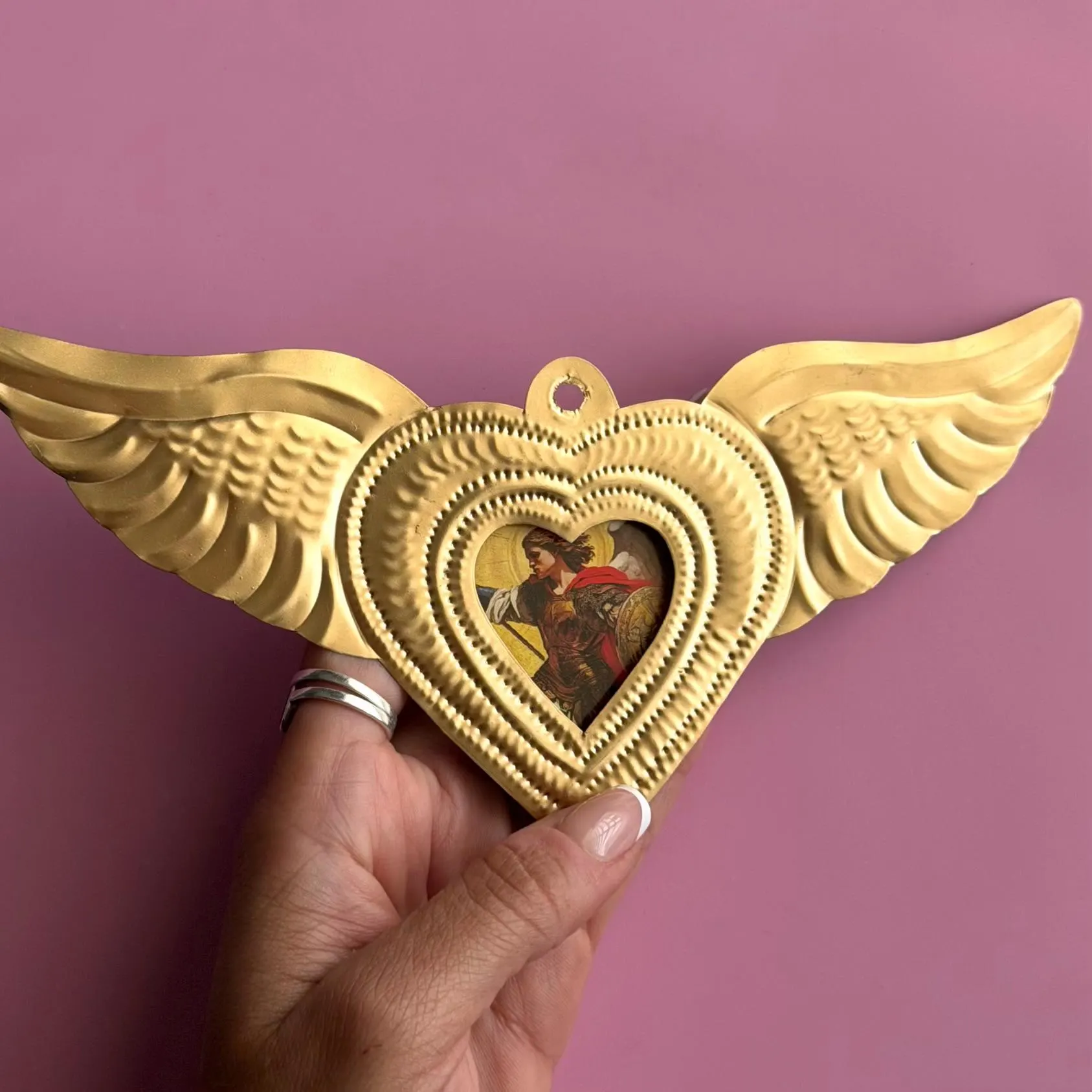Tin Ex-Voto Charm, Statement Wall Art, Nicho San Miguel Arcangel 8"(long)
