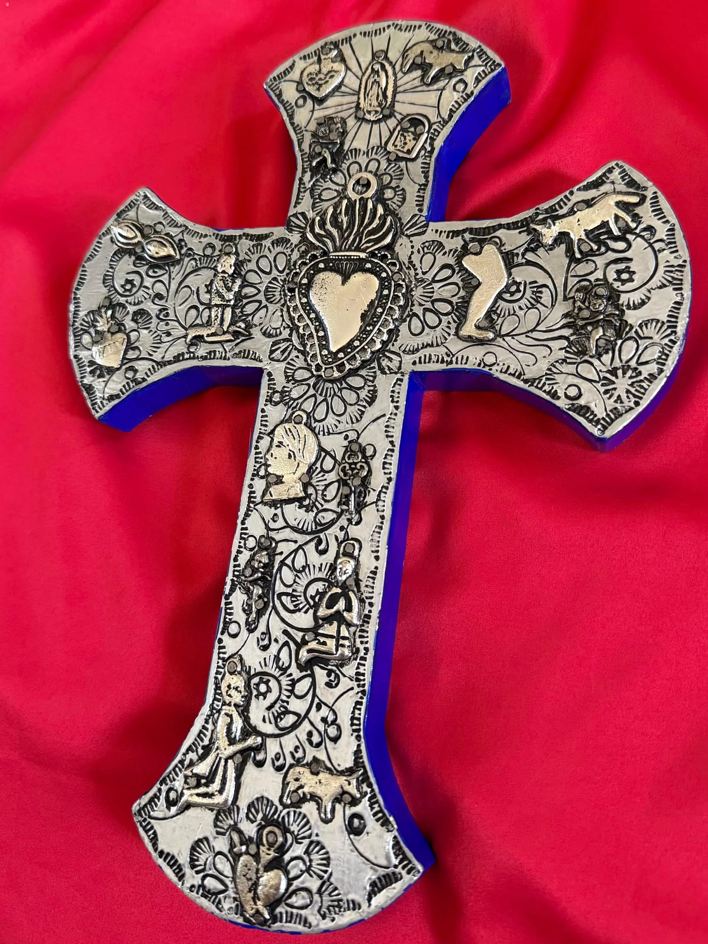 Tin Cross Charm, Catholic Home Gift, XL Wood Sacred Heart Cross Aluminium 12"(tall)