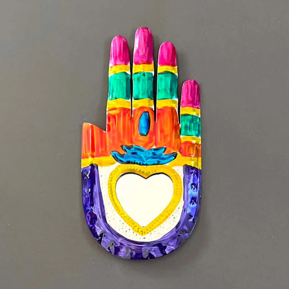 Manita Mirror de la Suerte 5.5”, Handmade Tin Sacred Heart Mirror Wall Hanging, Mexican Folk Art, Milagro Ex-Voto Charm