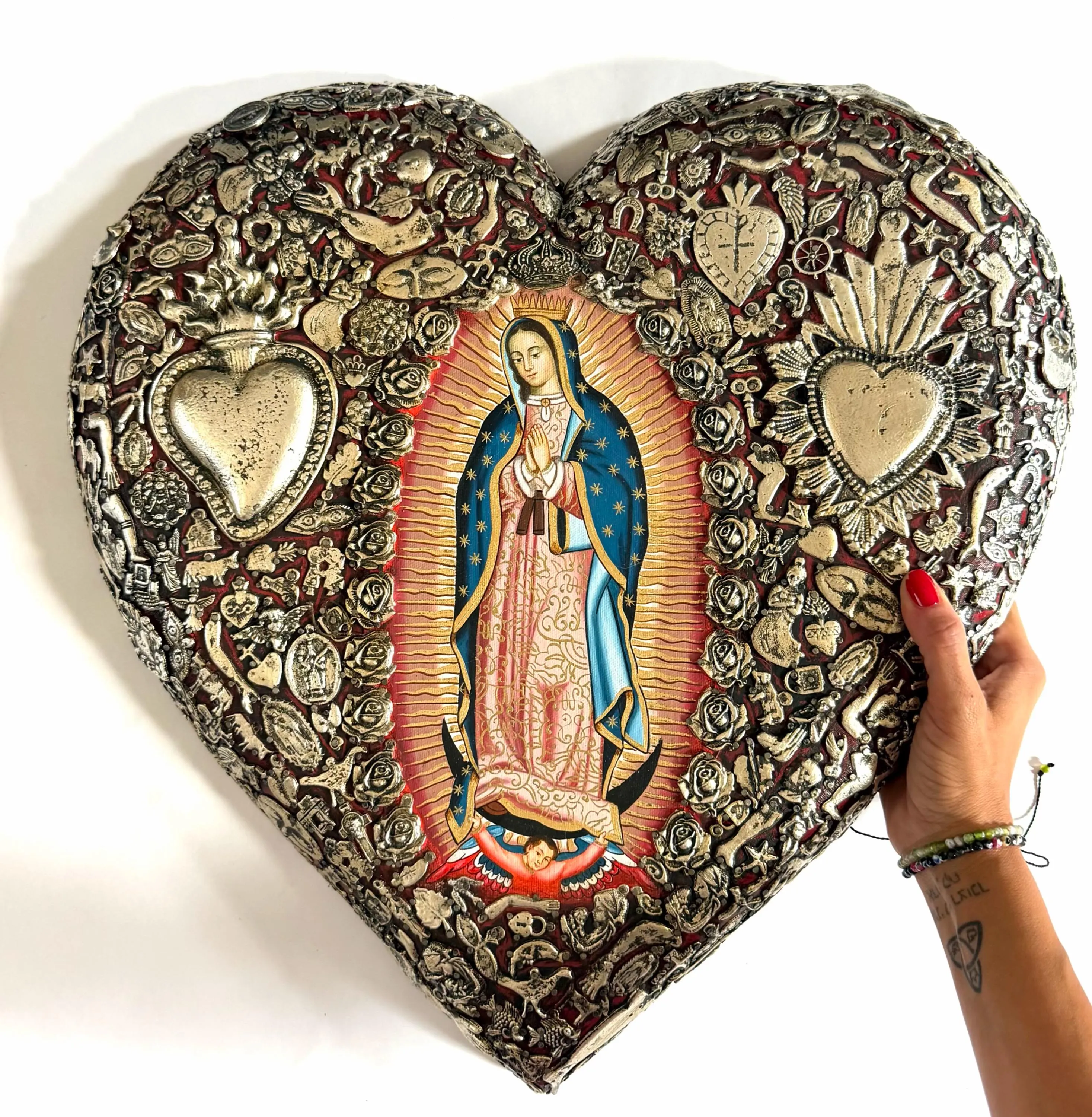Our Lady Art, Home Altar Piece, MAXI Oleo Guadalupe Milagritos Red 19"x 19"
