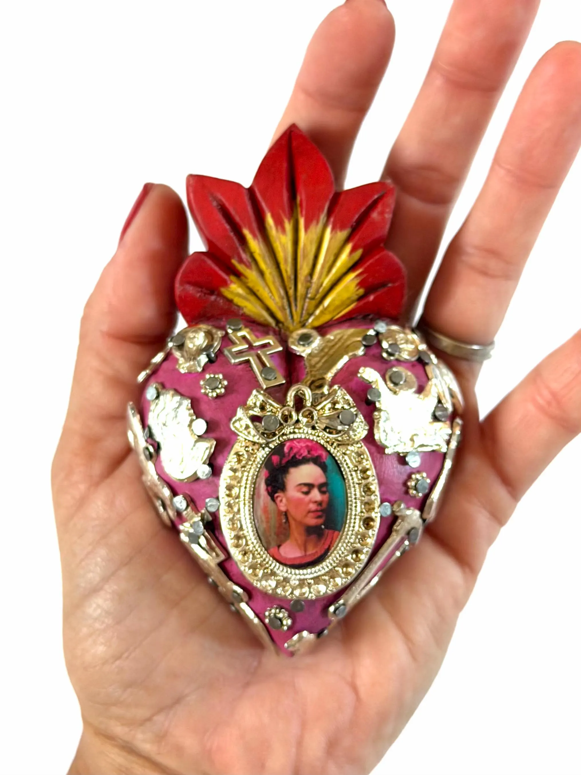 Small Frida Kahlo Wood Sacred Heart Silver Milagritos, Mexican Folk Art, Rustic Handmade Decor