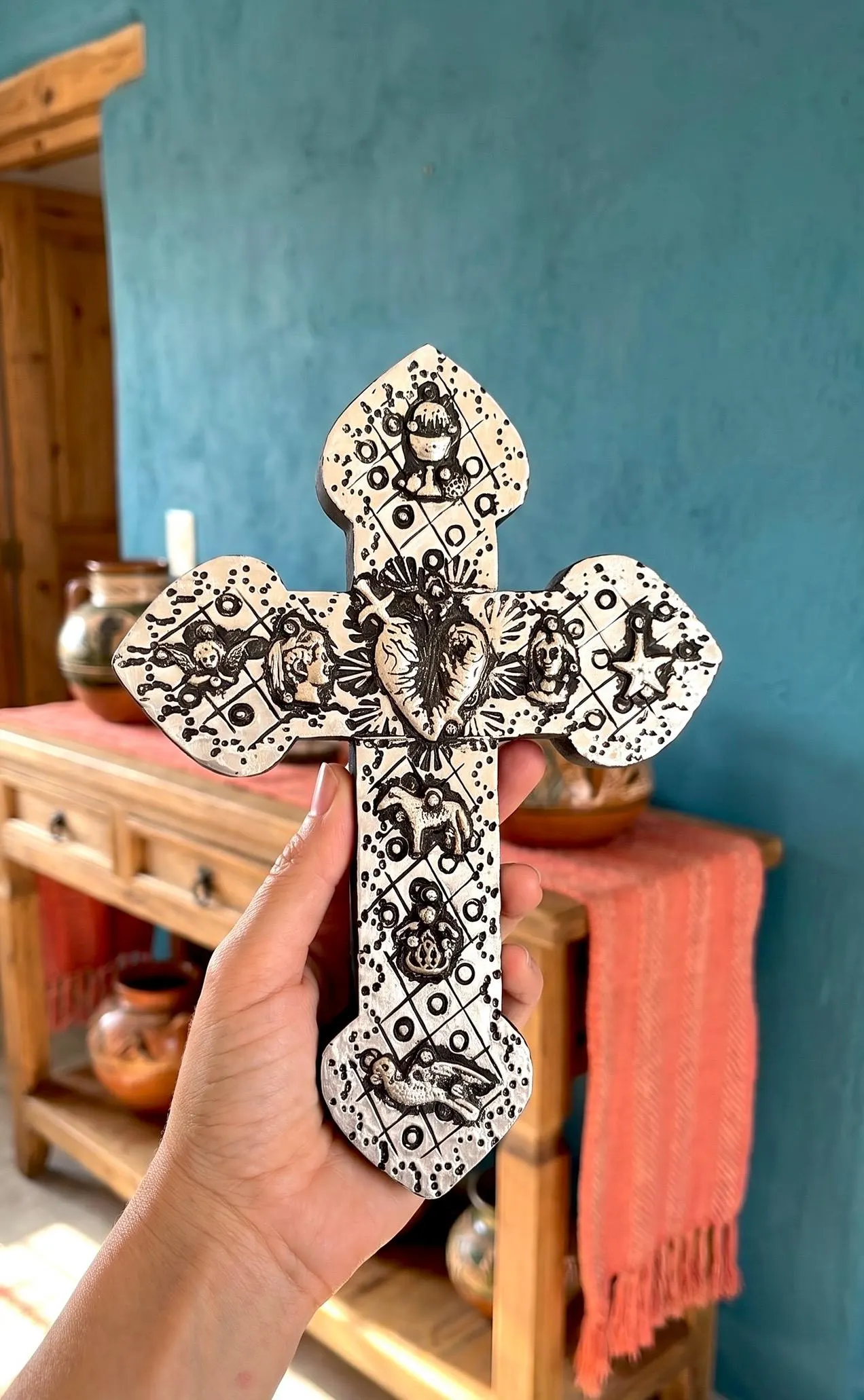 Hand-Cut Cross, First Communion Gift, Wood Sacred Heart Cross Aluminium 8"(tall)