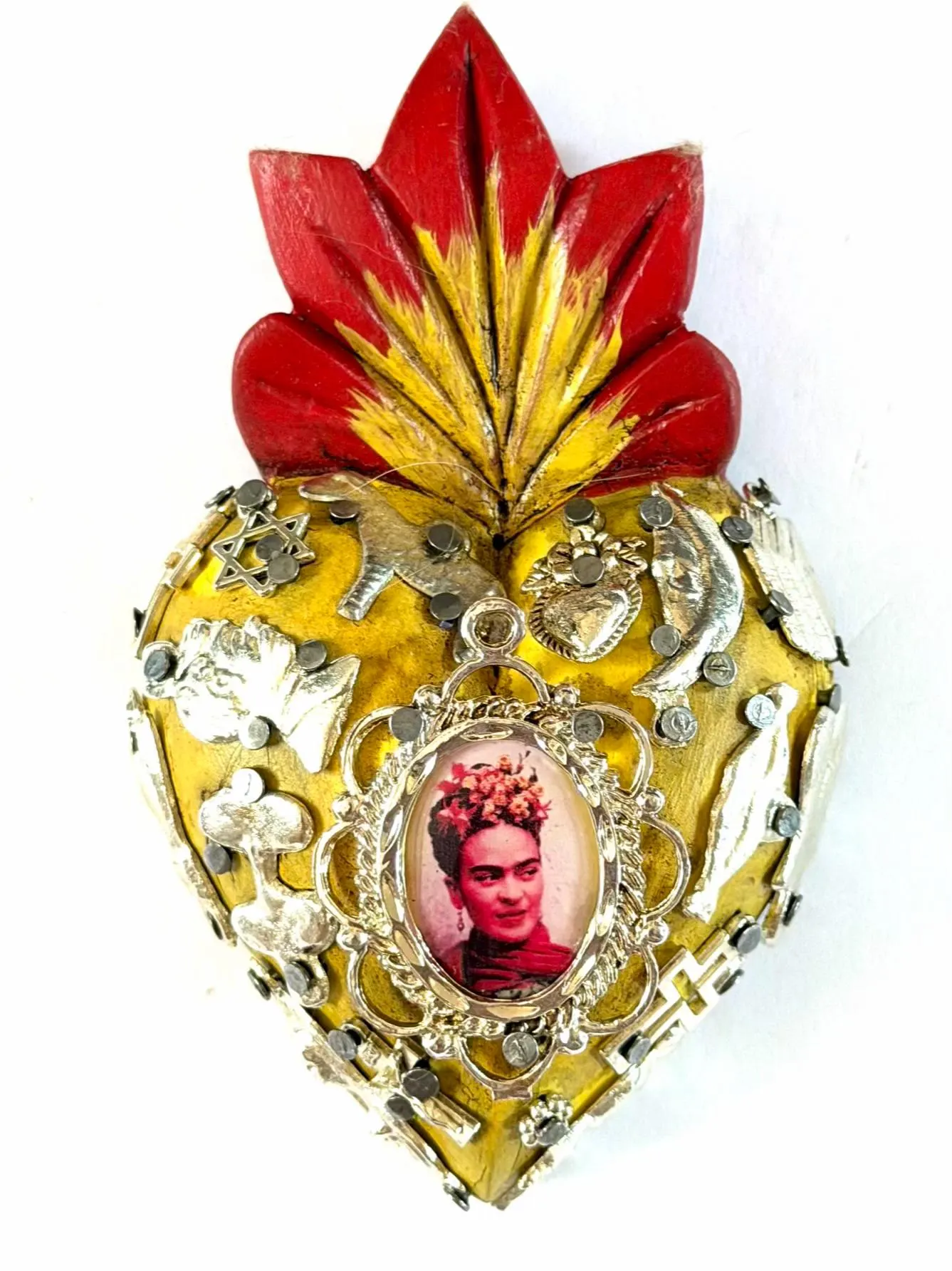 Small Frida Kahlo Wood Sacred Heart Silver Milagritos, Mexican Folk Art, Rustic Handmade Decor