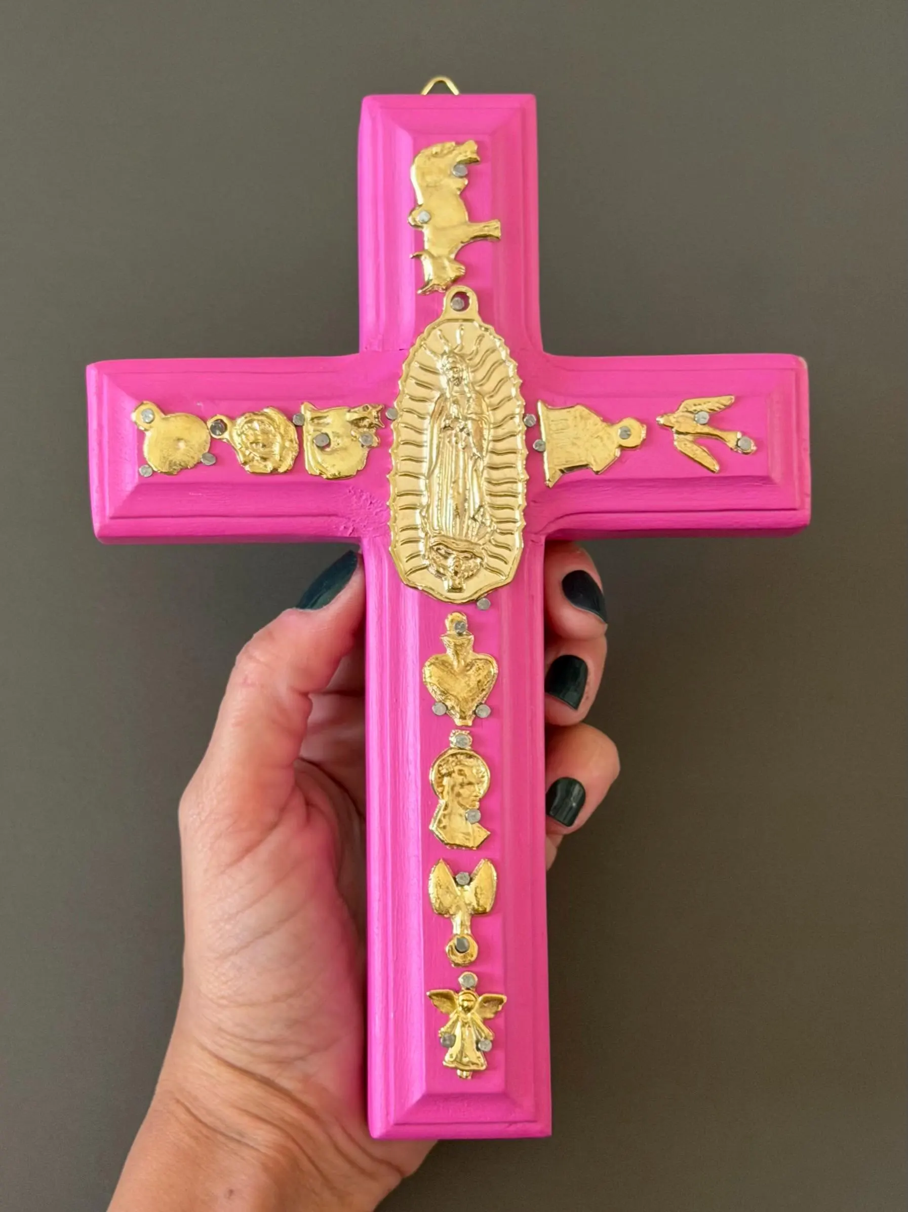 Hand Carved Guadalupe Milagritos Cross, Mexican Home Decor, Ex-Voto Style (8" Tall)