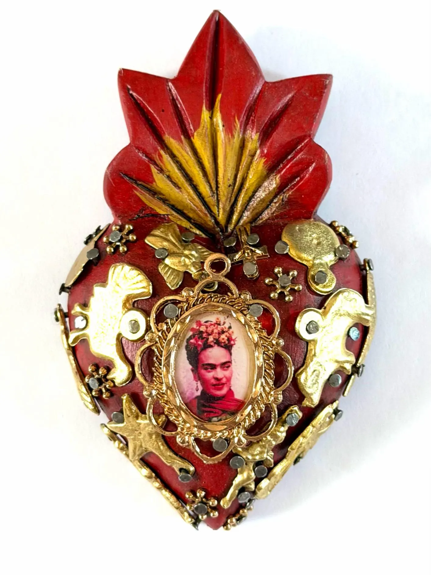 Small Frida Kahlo Wood Sacred Heart Gold Milagritos, Mexican Folk Art, Rustic Handmade Decor
