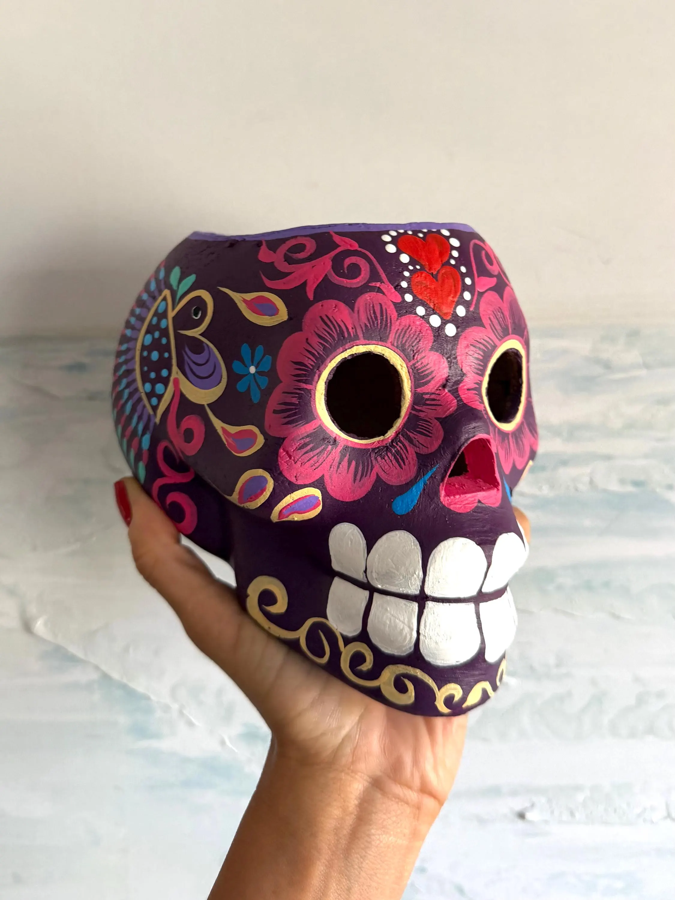 XL Ceramic Colorful Skull, Handcrafted Ceramic Sacred Heart Wall Decor, Mexican Home Decor, Ex-Voto Milagro Style