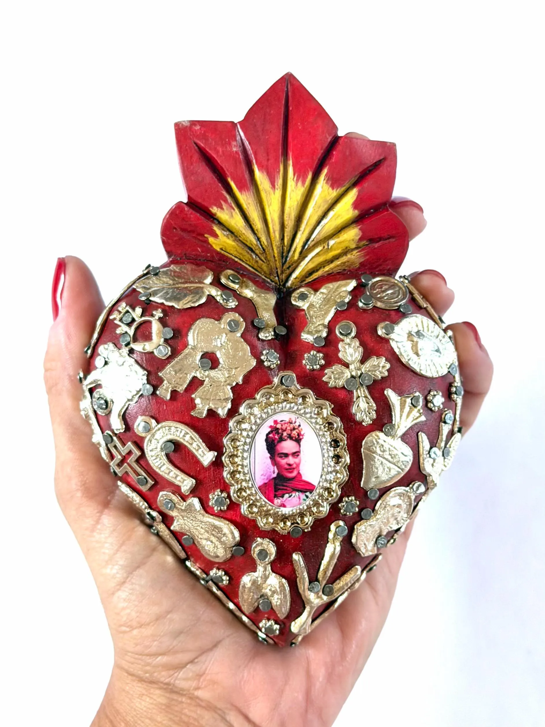 Mexican Folk Art, Rustic Handmade Decor, Frida Kahlo Wood Sacred Heart Silver Milagritos, Medium 5.5”(tall)