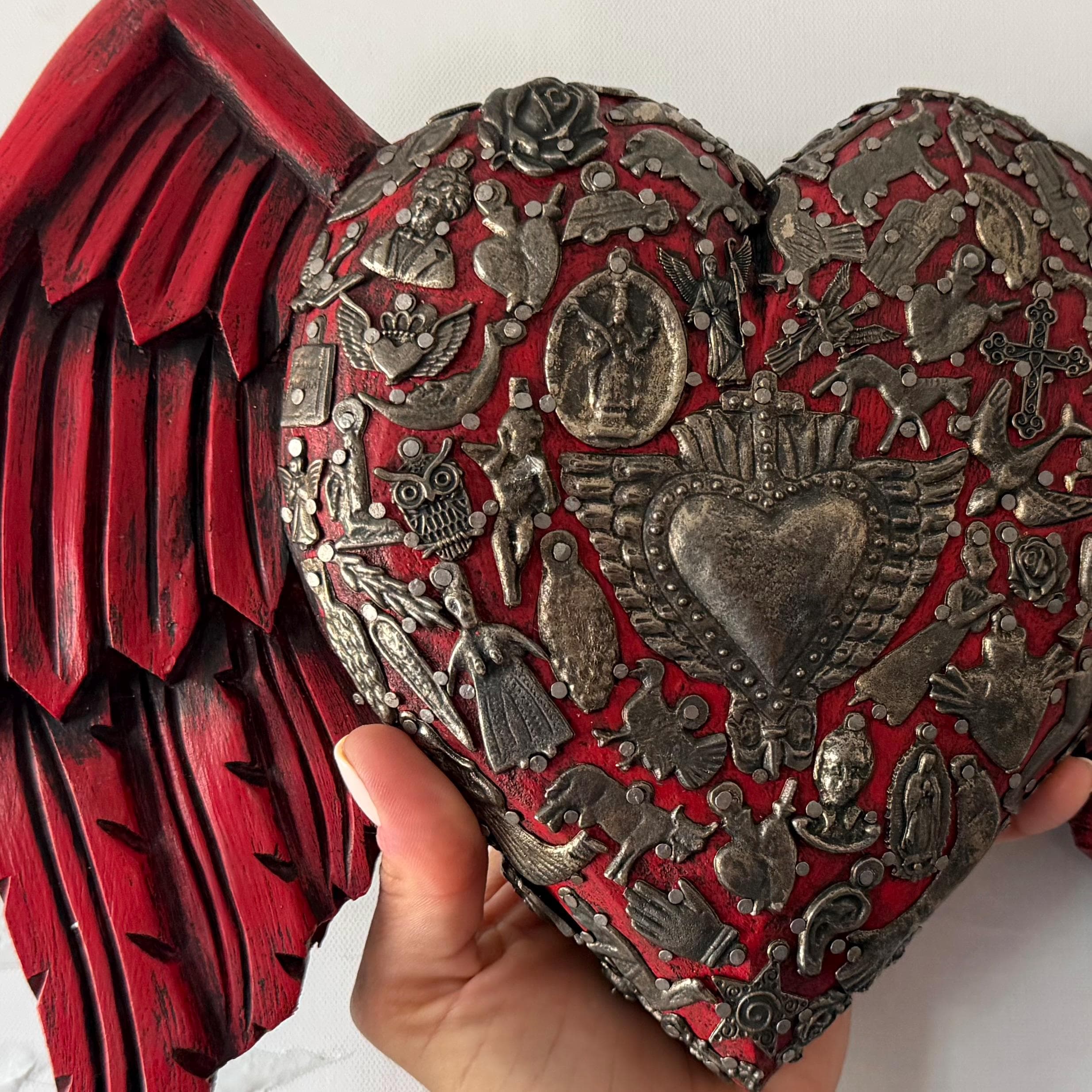 Wood Milagro Art, Housewarming Gift, Wood Sacred Heart Alas Caidas Red