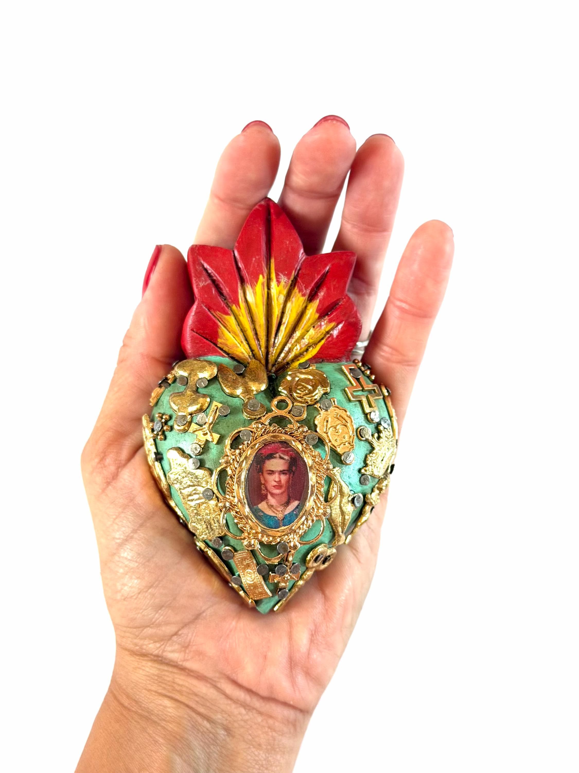 Small Frida Kahlo Wood Sacred Heart Gold Milagritos, Mexican Folk Art, Rustic Handmade Decor