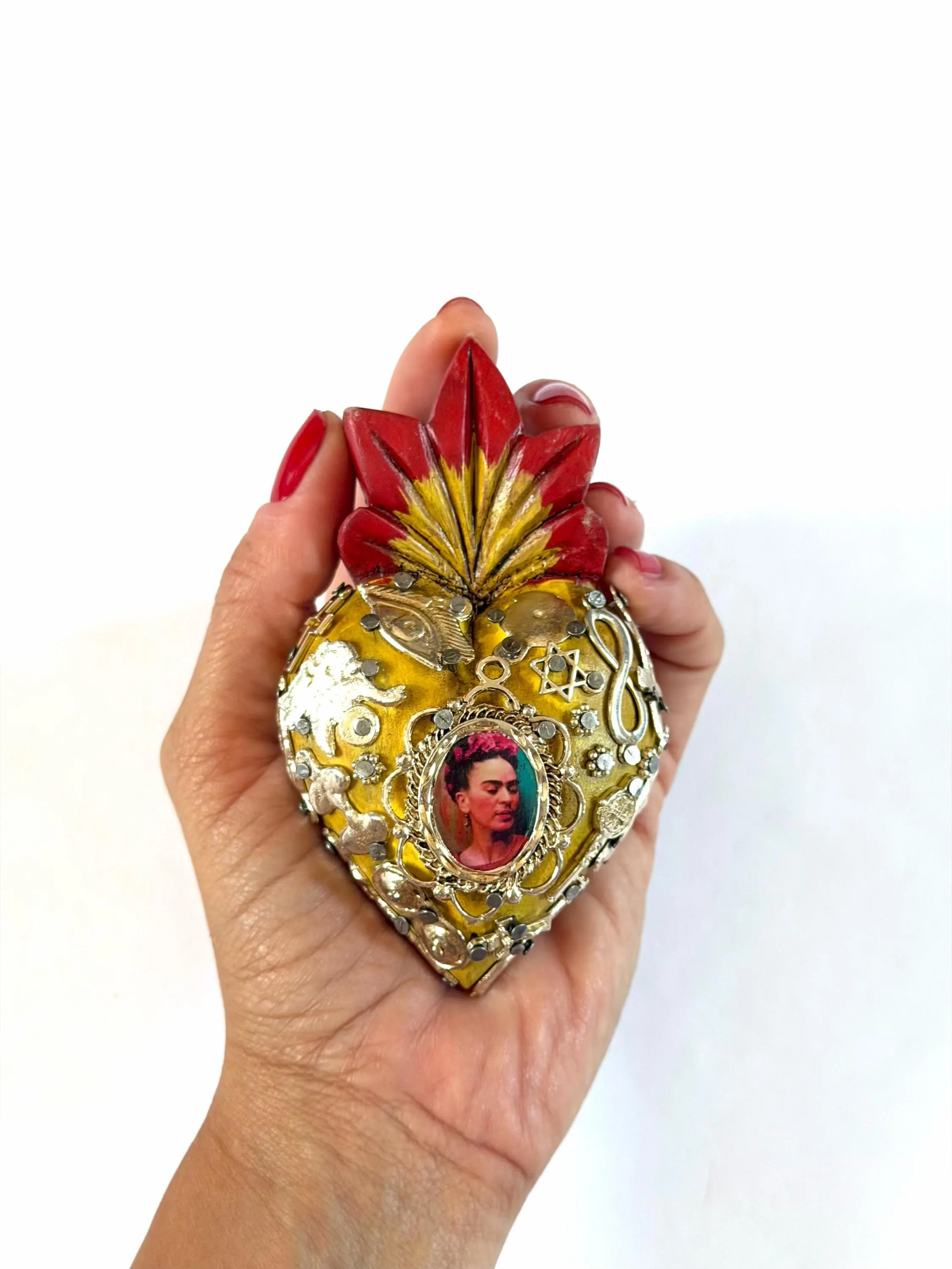 Small Frida Kahlo Wood Sacred Heart Silver Milagritos, Mexican Folk Art, Rustic Handmade Decor