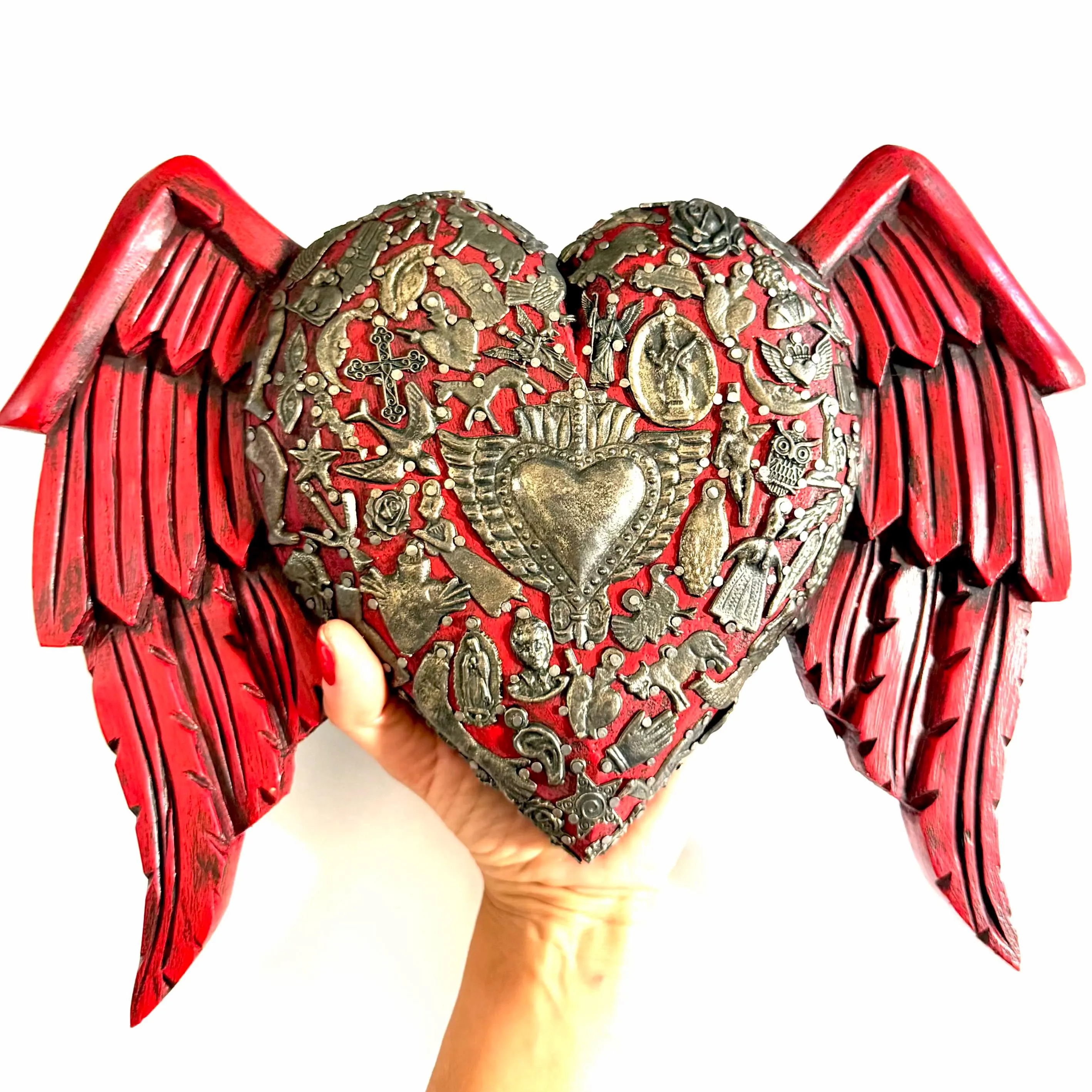 Wood Milagro Art, Housewarming Gift, Wood Sacred Heart Alas Caidas Red